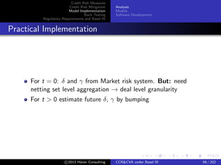 Credit Risk Measures
Credit Risk Mitigation
Model Implementation
Back Testing
Regulatory Requirements and Basel III
Analysis
Models
Software Development
Trade Models
Requirements
Represent trades/products
Standardize for interoperability
c 2015 H¨aner Consulting CCR&CVA under Basel III 69 / 205
 