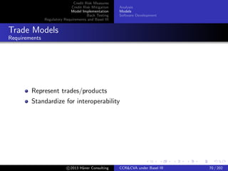 Credit Risk Measures
Credit Risk Mitigation
Model Implementation
Back Testing
Regulatory Requirements and Basel III
Analysis
Models
Software Development
Trade Models
Trade Parameters
Product represented by parameters
FpML
c 2015 H¨aner Consulting CCR&CVA under Basel III 70 / 205
 
