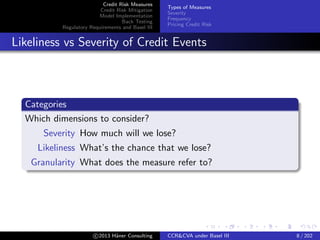 Credit Risk Measures
Credit Risk Mitigation
Model Implementation
Back Testing
Regulatory Requirements and Basel III
Types of Measures
Severity
Frequency
Pricing Credit Risk
Granularity of Measure
Based on Defaults
All Counterparties
Single Counterparty
Other Aggregations
Global/macro economic
Sector, country
Trade
c 2015 H¨aner Consulting CCR&CVA under Basel III 8 / 205
 