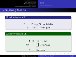 Credit Risk Measures
Credit Risk Mitigation
Model Implementation
Back Testing
Regulatory Requirements and Basel III
Analysis
Models
Software Development
Pricing & Risk Models
Parametric Models
Error Analysis
Infer from parameter uncertainty price/risk uncertainty.
Parameter Uncertainty E.g. such that hedging instrument prices
still in bid-ask
Parameter Error Uncertainty of price/risk due to error in
parameters
GBM with vol uncertainty
(∆p)2 = ∂p
∂σ ∆σ
2
c 2015 H¨aner Consulting CCR&CVA under Basel III 83 / 205
 