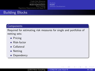 Credit Risk Measures
Credit Risk Mitigation
Model Implementation
Back Testing
Regulatory Requirements and Basel III
Analysis
Models
Software Development
Pricing Models
Requirements
Need to be fast!
Ideally same as front oﬃce
Perform well under stressed state variables
c 2015 H¨aner Consulting CCR&CVA under Basel III 94 / 205
 