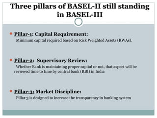 Three pillars of BASEL-II still standing
in BASEL-III
 Pillar-1: Capital Requirement:
Minimum capital required based on Risk Weighted Assets (RWAs).

 Pillar-2: Supervisory Review:
Whether Bank is maintaining proper capital or not, that aspect will be
reviewed time to time by central bank (RBI) in India

 Pillar-3: Market Discipline:
Pillar 3 is designed to increase the transparency in banking system

 