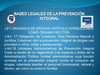 LEY ORGÁNICA DE DROGAS ARTÍCULO ATRIBUCIONES
COMO ÓRGANO RECTOR.
Art. 17 Obligación de Colaborar Toda Persona Natural o
Jurídica Colaborar con la prevención integral de drogas con
prioridad a niños, niñas y adolescentes.
Art.18 Unidades Administrativas de Prevención Integral
Crear a través de un reglamento Los órganos y entes de la
Administración Pública Unidad administrativa cuya función
consista en la prevención integral contra el consumo de
drogas, orientada atender al personal funcionarial, laboral y
obrero, así como su entorno familiar
 