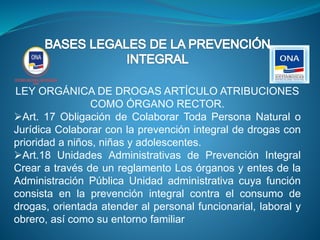 LEY ORGÁNICA DE DROGAS ARTÍCULO ATRIBUCIONES
COMO ÓRGANO RECTOR.
Art. 17 Obligación de Colaborar Toda Persona Natural o
Jurídica Colaborar con la prevención integral de drogas con
prioridad a niños, niñas y adolescentes.
Art.18 Unidades Administrativas de Prevención Integral
Crear a través de un reglamento Los órganos y entes de la
Administración Pública Unidad administrativa cuya función
consista en la prevención integral contra el consumo de
drogas, orientada atender al personal funcionarial, laboral y
obrero, así como su entorno familiar
 