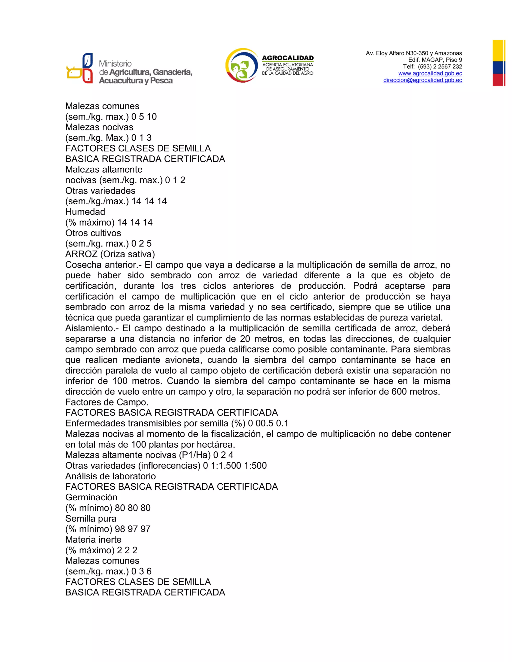 Av. Eloy Alfaro N30-350 y Amazonas
Edif. MAGAP, Piso 9
Telf: (593) 2 2567 232
www.agrocalidad.gob.ec
direccion@agrocalidad.gob.ec
Malezas comunes
(sem./kg. max.) 0 5 10
Malezas nocivas
(sem./kg. Max.) 0 1 3
FACTORES CLASES DE SEMILLA
BASICA REGISTRADA CERTIFICADA
Malezas altamente
nocivas (sem./kg. max.) 0 1 2
Otras variedades
(sem./kg./max.) 14 14 14
Humedad
(% máximo) 14 14 14
Otros cultivos
(sem./kg. max.) 0 2 5
ARROZ (Oriza sativa)
Cosecha anterior.- El campo que vaya a dedicarse a la multiplicación de semilla de arroz, no
puede haber sido sembrado con arroz de variedad diferente a la que es objeto de
certificación, durante los tres ciclos anteriores de producción. Podrá aceptarse para
certificación el campo de multiplicación que en el ciclo anterior de producción se haya
sembrado con arroz de la misma variedad y no sea certificado, siempre que se utilice una
técnica que pueda garantizar el cumplimiento de las normas establecidas de pureza varietal.
Aislamiento.- El campo destinado a la multiplicación de semilla certificada de arroz, deberá
separarse a una distancia no inferior de 20 metros, en todas las direcciones, de cualquier
campo sembrado con arroz que pueda calificarse como posible contaminante. Para siembras
que realicen mediante avioneta, cuando la siembra del campo contaminante se hace en
dirección paralela de vuelo al campo objeto de certificación deberá existir una separación no
inferior de 100 metros. Cuando la siembra del campo contaminante se hace en la misma
dirección de vuelo entre un campo y otro, la separación no podrá ser inferior de 600 metros.
Factores de Campo.
FACTORES BASICA REGISTRADA CERTIFICADA
Enfermedades transmisibles por semilla (%) 0 00.5 0.1
Malezas nocivas al momento de la fiscalización, el campo de multiplicación no debe contener
en total más de 100 plantas por hectárea.
Malezas altamente nocivas (P1/Ha) 0 2 4
Otras variedades (inflorecencias) 0 1:1.500 1:500
Análisis de laboratorio
FACTORES BASICA REGISTRADA CERTIFICADA
Germinación
(% mínimo) 80 80 80
Semilla pura
(% mínimo) 98 97 97
Materia inerte
(% máximo) 2 2 2
Malezas comunes
(sem./kg. max.) 0 3 6
FACTORES CLASES DE SEMILLA
BASICA REGISTRADA CERTIFICADA
 