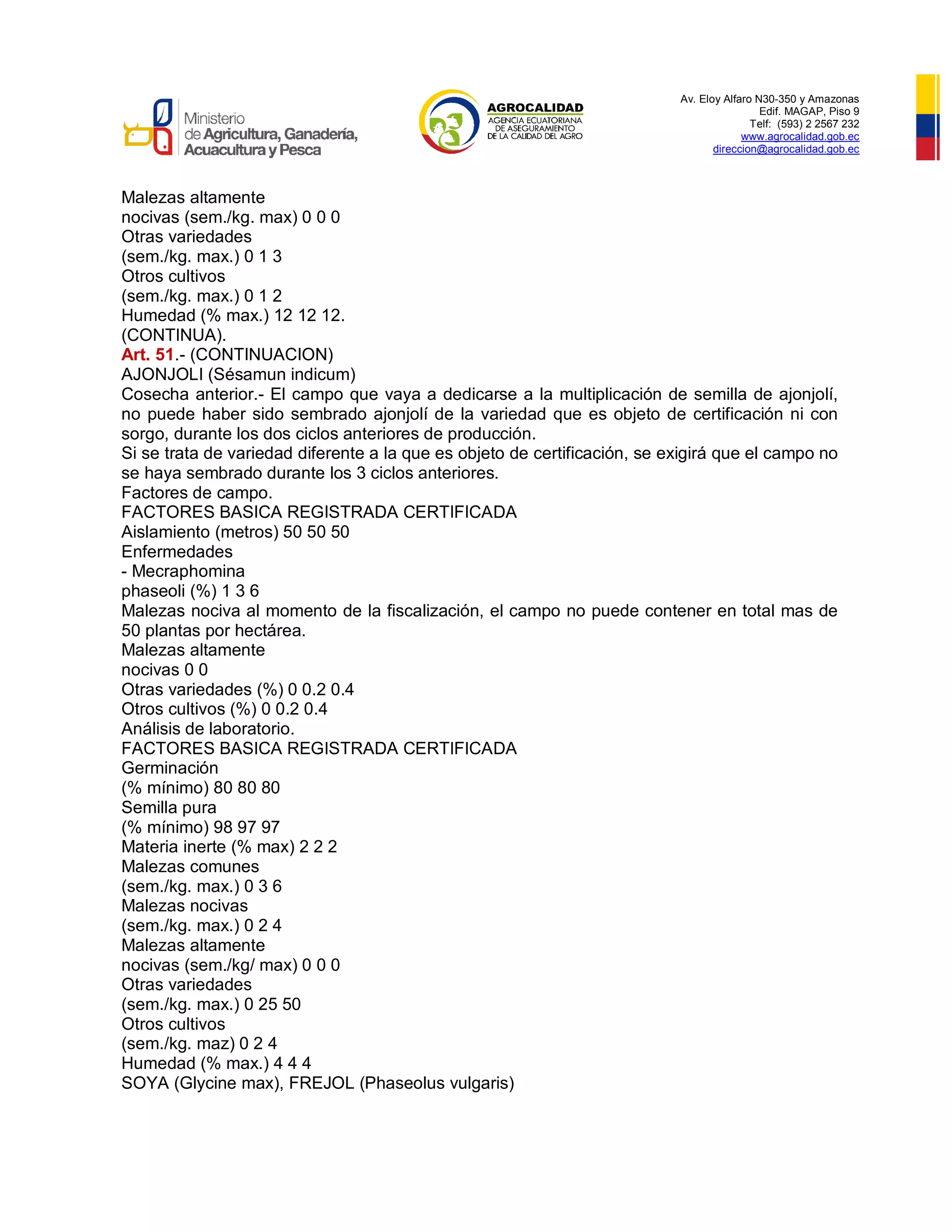 Av. Eloy Alfaro N30-350 y Amazonas
Edif. MAGAP, Piso 9
Telf: (593) 2 2567 232
www.agrocalidad.gob.ec
direccion@agrocalidad.gob.ec
Malezas altamente
nocivas (sem./kg. max) 0 0 0
Otras variedades
(sem./kg. max.) 0 1 3
Otros cultivos
(sem./kg. max.) 0 1 2
Humedad (% max.) 12 12 12.
(CONTINUA).
Art. 51.- (CONTINUACION)
AJONJOLI (Sésamun indicum)
Cosecha anterior.- El campo que vaya a dedicarse a la multiplicación de semilla de ajonjolí,
no puede haber sido sembrado ajonjolí de la variedad que es objeto de certificación ni con
sorgo, durante los dos ciclos anteriores de producción.
Si se trata de variedad diferente a la que es objeto de certificación, se exigirá que el campo no
se haya sembrado durante los 3 ciclos anteriores.
Factores de campo.
FACTORES BASICA REGISTRADA CERTIFICADA
Aislamiento (metros) 50 50 50
Enfermedades
- Mecraphomina
phaseoli (%) 1 3 6
Malezas nociva al momento de la fiscalización, el campo no puede contener en total mas de
50 plantas por hectárea.
Malezas altamente
nocivas 0 0
Otras variedades (%) 0 0.2 0.4
Otros cultivos (%) 0 0.2 0.4
Análisis de laboratorio.
FACTORES BASICA REGISTRADA CERTIFICADA
Germinación
(% mínimo) 80 80 80
Semilla pura
(% mínimo) 98 97 97
Materia inerte (% max) 2 2 2
Malezas comunes
(sem./kg. max.) 0 3 6
Malezas nocivas
(sem./kg. max.) 0 2 4
Malezas altamente
nocivas (sem./kg/ max) 0 0 0
Otras variedades
(sem./kg. max.) 0 25 50
Otros cultivos
(sem./kg. maz) 0 2 4
Humedad (% max.) 4 4 4
SOYA (Glycine max), FREJOL (Phaseolus vulgaris)
 