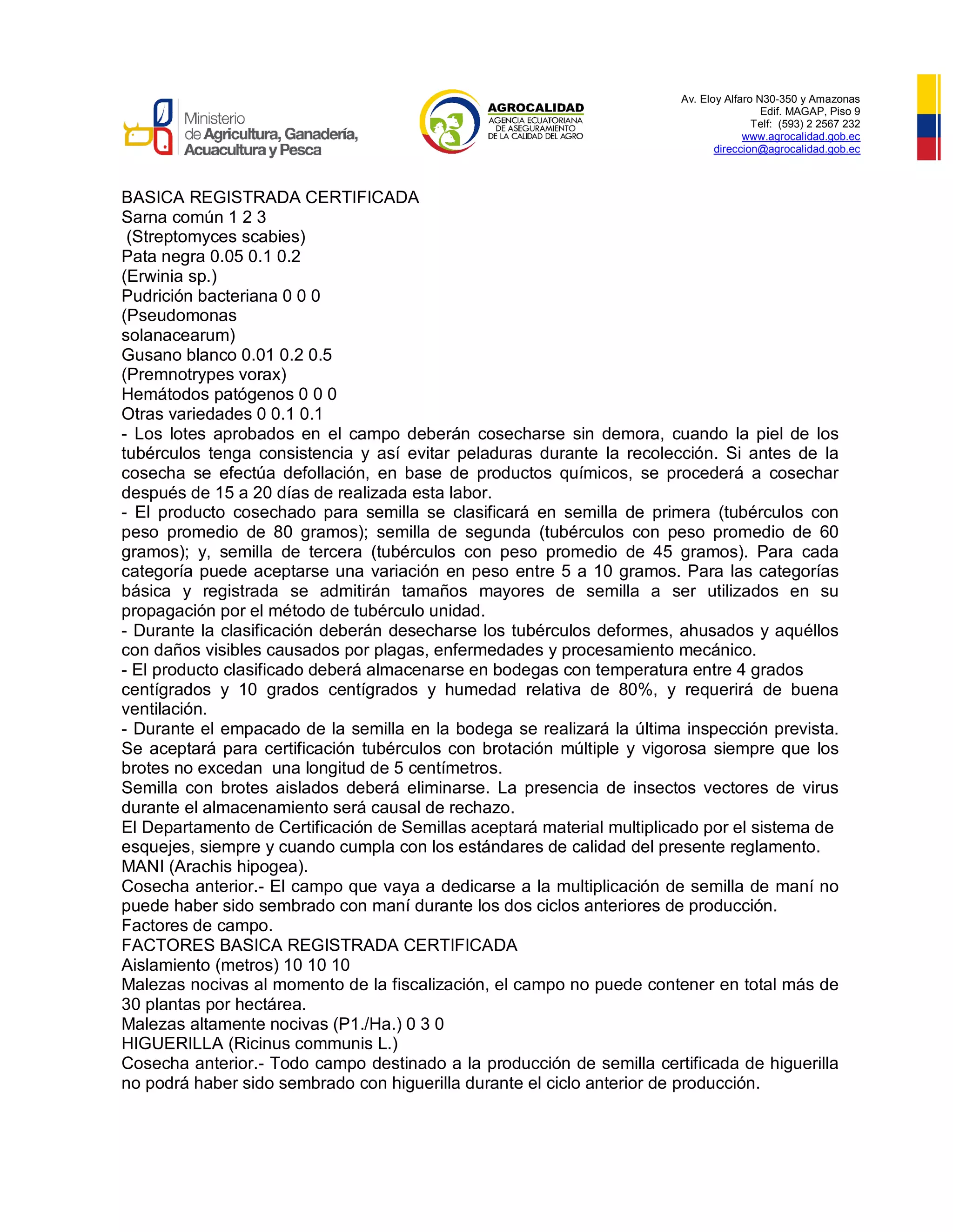 Av. Eloy Alfaro N30-350 y Amazonas
Edif. MAGAP, Piso 9
Telf: (593) 2 2567 232
www.agrocalidad.gob.ec
direccion@agrocalidad.gob.ec
BASICA REGISTRADA CERTIFICADA
Sarna común 1 2 3
(Streptomyces scabies)
Pata negra 0.05 0.1 0.2
(Erwinia sp.)
Pudrición bacteriana 0 0 0
(Pseudomonas
solanacearum)
Gusano blanco 0.01 0.2 0.5
(Premnotrypes vorax)
Hemátodos patógenos 0 0 0
Otras variedades 0 0.1 0.1
- Los lotes aprobados en el campo deberán cosecharse sin demora, cuando la piel de los
tubérculos tenga consistencia y así evitar peladuras durante la recolección. Si antes de la
cosecha se efectúa defollación, en base de productos químicos, se procederá a cosechar
después de 15 a 20 días de realizada esta labor.
- El producto cosechado para semilla se clasificará en semilla de primera (tubérculos con
peso promedio de 80 gramos); semilla de segunda (tubérculos con peso promedio de 60
gramos); y, semilla de tercera (tubérculos con peso promedio de 45 gramos). Para cada
categoría puede aceptarse una variación en peso entre 5 a 10 gramos. Para las categorías
básica y registrada se admitirán tamaños mayores de semilla a ser utilizados en su
propagación por el método de tubérculo unidad.
- Durante la clasificación deberán desecharse los tubérculos deformes, ahusados y aquéllos
con daños visibles causados por plagas, enfermedades y procesamiento mecánico.
- El producto clasificado deberá almacenarse en bodegas con temperatura entre 4 grados
centígrados y 10 grados centígrados y humedad relativa de 80%, y requerirá de buena
ventilación.
- Durante el empacado de la semilla en la bodega se realizará la última inspección prevista.
Se aceptará para certificación tubérculos con brotación múltiple y vigorosa siempre que los
brotes no excedan una longitud de 5 centímetros.
Semilla con brotes aislados deberá eliminarse. La presencia de insectos vectores de virus
durante el almacenamiento será causal de rechazo.
El Departamento de Certificación de Semillas aceptará material multiplicado por el sistema de
esquejes, siempre y cuando cumpla con los estándares de calidad del presente reglamento.
MANI (Arachis hipogea).
Cosecha anterior.- El campo que vaya a dedicarse a la multiplicación de semilla de maní no
puede haber sido sembrado con maní durante los dos ciclos anteriores de producción.
Factores de campo.
FACTORES BASICA REGISTRADA CERTIFICADA
Aislamiento (metros) 10 10 10
Malezas nocivas al momento de la fiscalización, el campo no puede contener en total más de
30 plantas por hectárea.
Malezas altamente nocivas (P1./Ha.) 0 3 0
HIGUERILLA (Ricinus communis L.)
Cosecha anterior.- Todo campo destinado a la producción de semilla certificada de higuerilla
no podrá haber sido sembrado con higuerilla durante el ciclo anterior de producción.
 