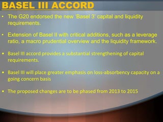 BASEL III ACCORD
• The G20 endorsed the new ‘Basel 3’ capital and liquidity
requirements.
• Extension of Basel II with critical additions, such as a leverage
ratio, a macro prudential overview and the liquidity framework.
• Basel III accord provides a substantial strengthening of capital
requirements.
• Basel III will place greater emphasis on loss-absorbency capacity on a
going concern basis
• The proposed changes are to be phased from 2013 to 2015
 
