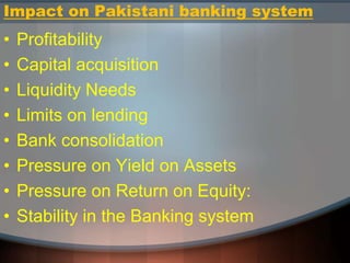 Impact on Pakistani banking system
• Profitability
• Capital acquisition
• Liquidity Needs
• Limits on lending
• Bank consolidation
• Pressure on Yield on Assets
• Pressure on Return on Equity:
• Stability in the Banking system
 