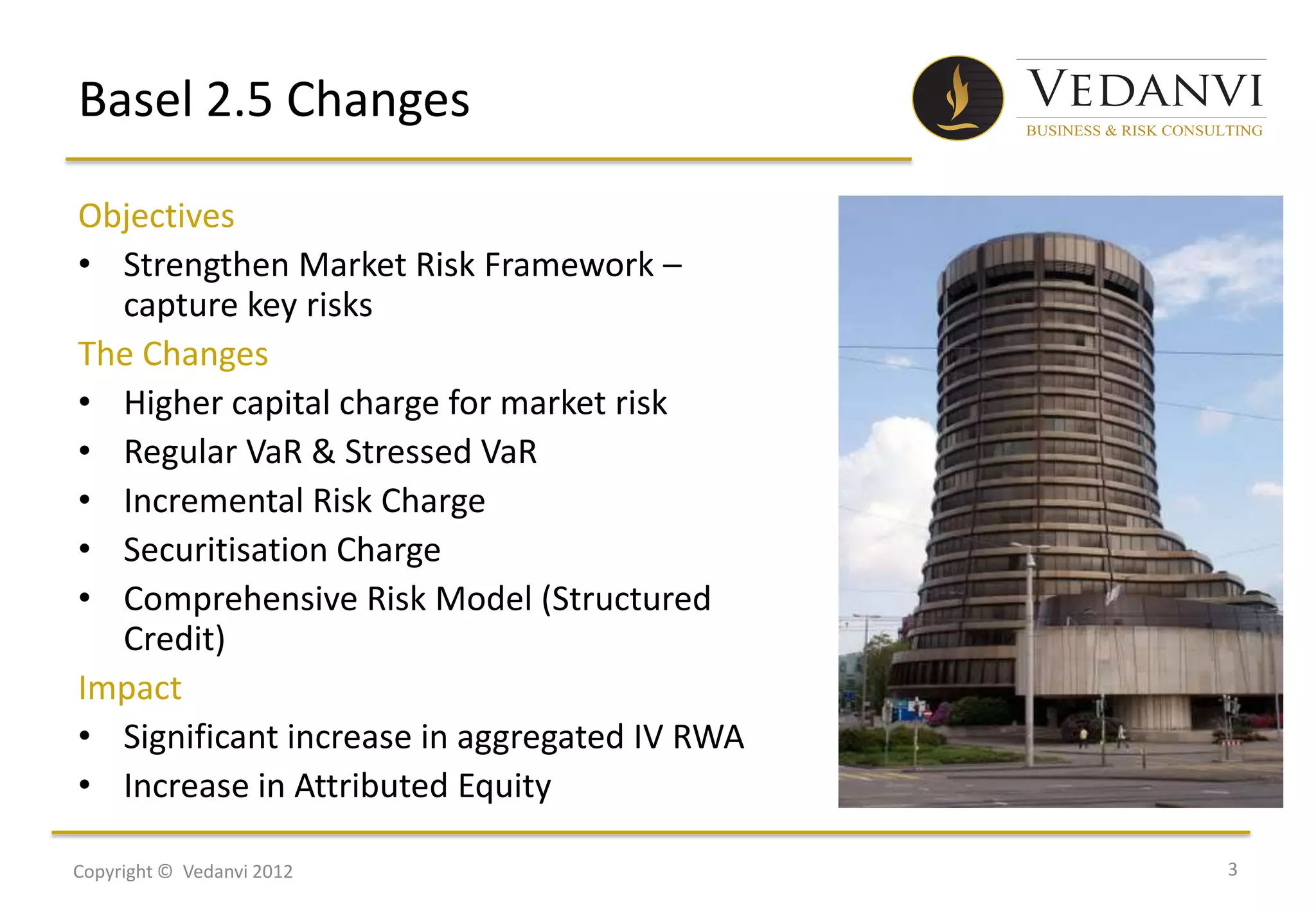 Basel 2.5 Changes

Objectives
• Strengthen Market Risk Framework –
  capture key risks
The Changes
• Higher capital charge for market risk
• Regular VaR & Stressed VaR
• Incremental Risk Charge
• Securitisation Charge
• Comprehensive Risk Model (Structured
  Credit)
Impact
• Significant increase in aggregated IV RWA
• Increase in Attributed Equity

Copyright © Vedanvi 2012                      3
 