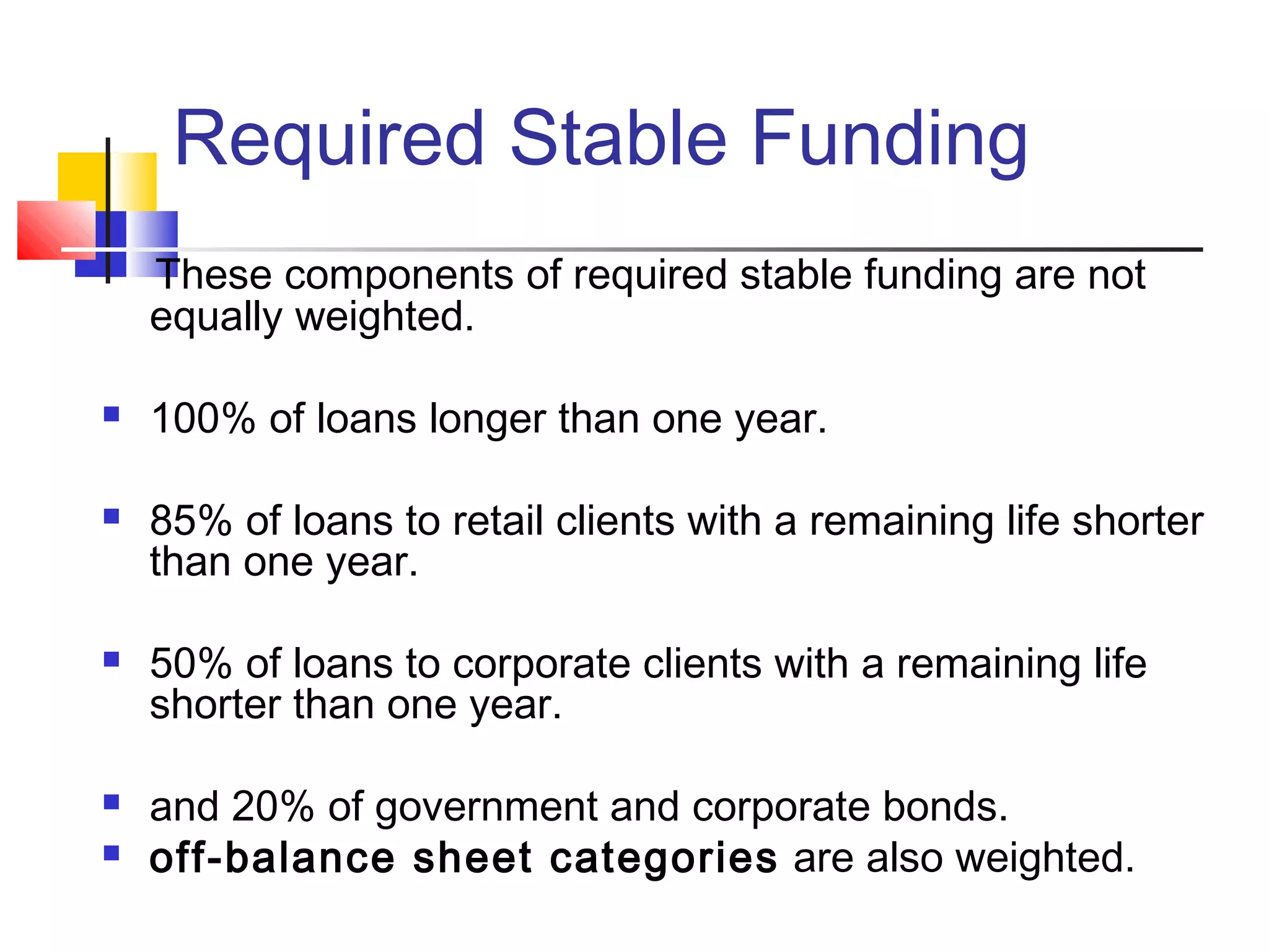 Required Stable Funding
These components of required stable funding are not
equally weighted.
 100% of loans longer than one year.
 85% of loans to retail clients with a remaining life shorter
than one year.
 50% of loans to corporate clients with a remaining life
shorter than one year.
 and 20% of government and corporate bonds.
 off-balance sheet categories are also weighted.
 