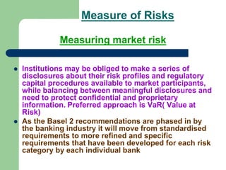 Measure of Risks
Measuring market risk
 Institutions may be obliged to make a series of
disclosures about their risk profiles and regulatory
capital procedures available to market participants,
while balancing between meaningful disclosures and
need to protect confidential and proprietary
information. Preferred approach is VaR( Value at
Risk)
 As the Basel 2 recommendations are phased in by
the banking industry it will move from standardised
requirements to more refined and specific
requirements that have been developed for each risk
category by each individual bank
 