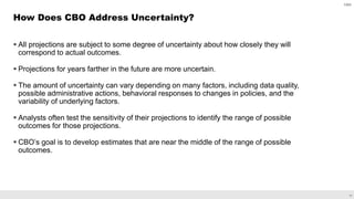 12
 All projections are subject to some degree of uncertainty about how closely they will
correspond to actual outcomes.
 Projections for years farther in the future are more uncertain.
 The amount of uncertainty can vary depending on many factors, including data quality,
possible administrative actions, behavioral responses to changes in policies, and the
variability of underlying factors.
 Analysts often test the sensitivity of their projections to identify the range of possible
outcomes for those projections.
 CBO’s goal is to develop estimates that are near the middle of the range of possible
outcomes.
How Does CBO Address Uncertainty?
CBO
 