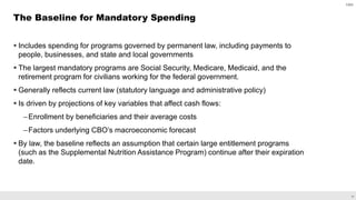 14
 Includes spending for programs governed by permanent law, including payments to
people, businesses, and state and local governments
 The largest mandatory programs are Social Security, Medicare, Medicaid, and the
retirement program for civilians working for the federal government.
 Generally reflects current law (statutory language and administrative policy)
 Is driven by projections of key variables that affect cash flows:
–Enrollment by beneficiaries and their average costs
–Factors underlying CBO’s macroeconomic forecast
 By law, the baseline reflects an assumption that certain large entitlement programs
(such as the Supplemental Nutrition Assistance Program) continue after their expiration
date.
The Baseline for Mandatory Spending
CBO
 