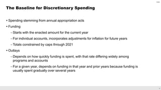 15
 Spending stemming from annual appropriation acts
 Funding
–Starts with the enacted amount for the current year
–For individual accounts, incorporates adjustments for inflation for future years
–Totals constrained by caps through 2021
 Outlays
–Depends on how quickly funding is spent, with that rate differing widely among
programs and accounts
–For a given year, depends on funding in that year and prior years because funding is
usually spent gradually over several years
The Baseline for Discretionary Spending
CBO
 