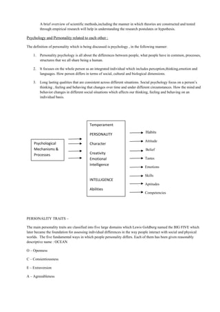 A brief overview of scientific methods,including the manner in which theories are constructed and tested
through empirical research will help in understanding the research postulates or hypothesis.
Psychology and Personality related to each other :
The definition of personality which is being discussed is psychology , in the following manner:
1. Personality psychology is all about the differences between people, what people have in common, processes,
structures that we all share being a human.
2. It focuses on the whole person as an integrated individual which includes perception,thinking,emotion and
languages. How person differs in terms of social, cultural and biological dimensions.
3. Long lasting qualities that are consistent across different situations. Social psychology focus on a person’s
thinking , feeling and behaving that changes over time and under different circumstances. How the mind and
behavior changes in different social situations which affects our thinking, feeling and behaving on an
individual basis.
Habits
Attitude
Belief
Tastes
Emotions
Skills
Aptitudes
Competencies
PERSONALITY TRAITS –
The main personality traits are classified into five large domains which Lewis Goldberg named the BIG FIVE which
later became the foundation for assessing individual differences in the way people interact with social and physical
worlds. The five fundamental ways in which people personality differs. Each of them has been given reasonably
descriptive name : OCEAN
O – Openness
C – Consientiousness
E – Extraversion
A – Agreeableness
Psychological
Mechanisms &
Processes
Temperament
PERSONALITY
Character
Creativity
Emotional
Intelligence
INTELLIGENCE
Abilities
 