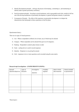 5. Identify Development principle – with age, the process of developing , committing to , and maintaining an
identity leads to greater personality consistency
6. Social investment principle – Investing in social institutions, such as age-graded social roles, outside of self are
one of the driving mechanisms of personality development, in general and greater maturity, in particular.
7. Corresponsive Principle – The effect of life experience on personality development is to deepen the
characteristics that lead people to those experiences in the first place.
Questionnaire theory –
There are six types of closed questions –
1) List – Where a respondent is offered a list of items, any of which may be selected.
2) Category – Where respondent can be selected from given set of categories .
3) Ranking – Respondent is asked to place itemns in order
4) Scale – scaling device is used to record responses
5) Quantity – Response is a no giving the amount
6) Grid – responses to two or more questions can be recorded using the same matrix.
Research topic investigations – (PAPER PRESENTATIONS) :
Reseach
Question/objectives
Type of
Research
Investigative
Question
Variables
required
Data in which
data measured
Checks included
in questionnaire
Thesis layout –
 