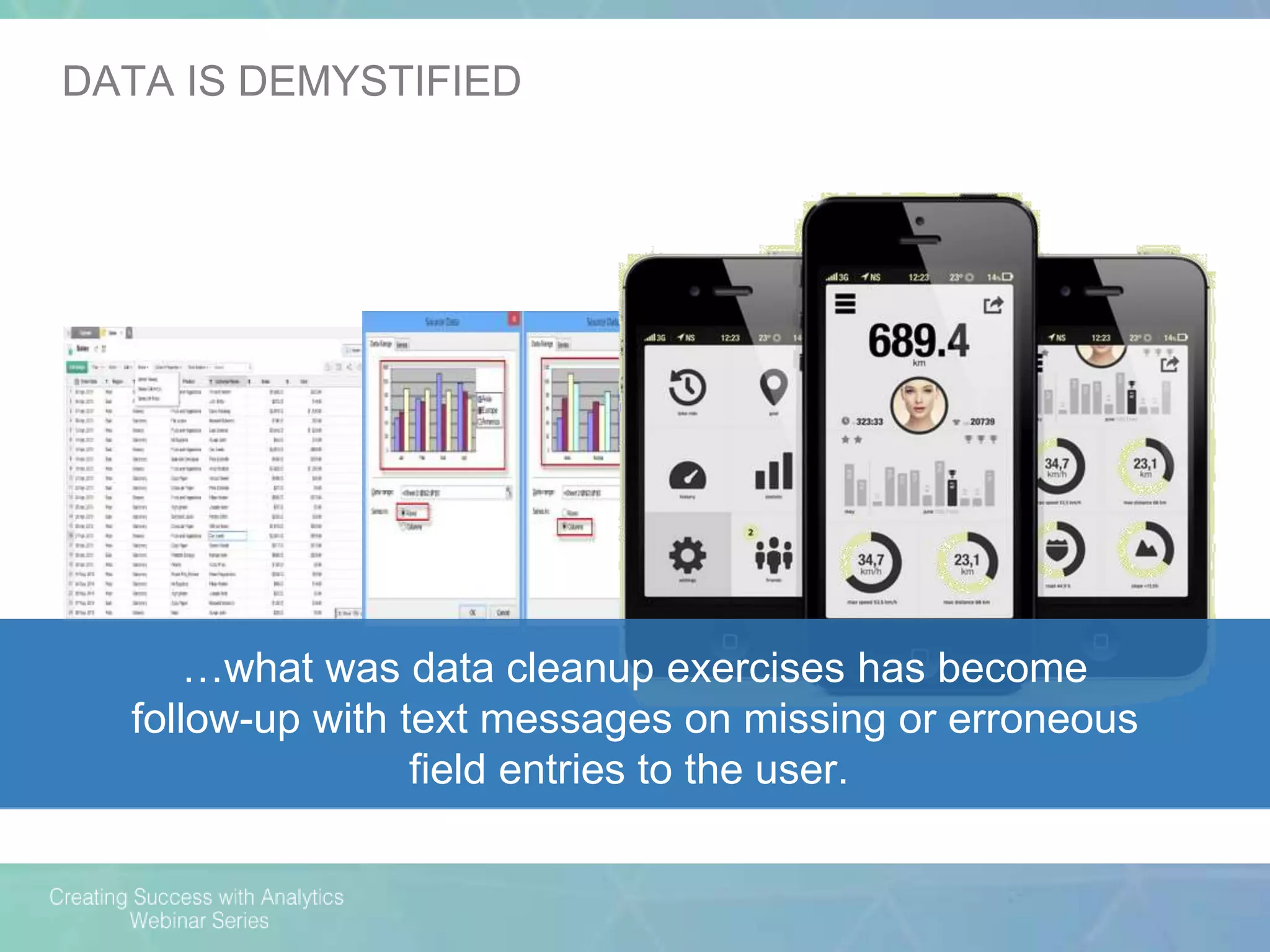 …what was data cleanup exercises has become
follow-up with text messages on missing or erroneous
field entries to the user.
DATA IS DEMYSTIFIED
 