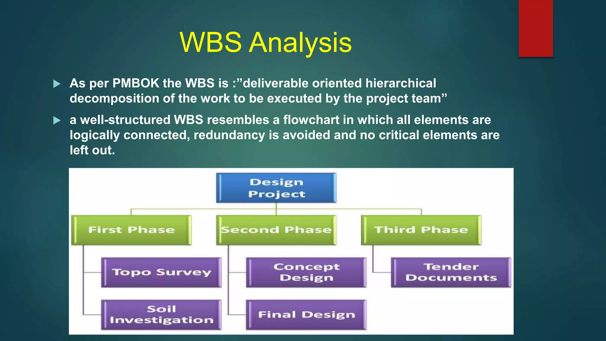 WBS Analysis
 As per PMBOK the WBS is :”deliverable oriented hierarchical
decomposition of the work to be executed by the project team”
 a well-structured WBS resembles a flowchart in which all elements are
logically connected, redundancy is avoided and no critical elements are
left out.
 