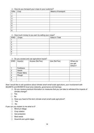 22. How do you transport your crops to your customer?
       S/No Crop                                         Means of transport
       1
       2
       3
       4
       5
       6
       7
       8

      23. How much money to you earn by selling your crops?
      S/NO Crops                                      Value in Total
      1
      2
      3
      4
      5
      6
      7

      24. Do you access and use agriculture inputs?
      S/NO Input(s)         Access (No/Yes)              Use (No/Yes)               Where do
                                                                                    you get
                                                                                    it/them?
      1        Fertilizers
      2        Seeds
      3        Power tillers
      4        Plough
      4
      5

Now I would like to ask questions about climate smart-small scale agriculture, your involvement with
MJUMITA and MVIWATA local area networks, governance and trainings.
        25. Do you receive practical information on measures that you can take to withstand the impacts of
            climate change?
        ☐ Yes
        ☐ No
        26. Have you heard of the term climate smart-small scale agriculture?
        ☐ Yes
        ☐ No
If yes can you explain to me what is it?
        ☐ Minimum tillage
        ☐ Crop rotation
        ☐ Soil protection
        ☐ Best seeds
        ☐ Downhill and uphill ridges

                                                    78
 