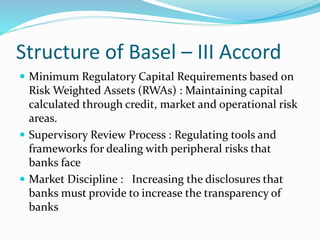 Structure of Basel – III Accord
 Minimum Regulatory Capital Requirements based on
Risk Weighted Assets (RWAs) : Maintaining capital
calculated through credit, market and operational risk
areas.
 Supervisory Review Process : Regulating tools and
frameworks for dealing with peripheral risks that
banks face
 Market Discipline : Increasing the disclosures that
banks must provide to increase the transparency of
banks
 