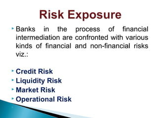  Banks in the process of financial
intermediation are confronted with various
kinds of financial and non-financial risks
viz.:
 Credit Risk
 Liquidity Risk
 Market Risk
 Operational Risk

 