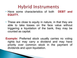  Have some characteristics of both DEBT and
EQUITY.
 These are close to equity in nature, in that they are
able to take losses on the face value without
triggering a liquidation of the bank, they may be
counted as capital.
Example: Preferred stock usually carries no voting
rights but may carry a dividend and may have
priority over common stock in the payment of
dividends and upon liquidation.
 