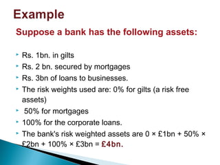 Suppose a bank has the following assets:
 Rs. 1bn. in gilts
 Rs. 2 bn. secured by mortgages
 Rs. 3bn of loans to businesses.
 The risk weights used are: 0% for gilts (a risk free
assets)
 50% for mortgages
 100% for the corporate loans.
 The bank's risk weighted assets are 0 × £1bn + 50% ×
£2bn + 100% × £3bn = £4bn.
 