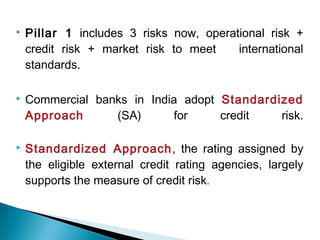  Pillar 1 includes 3 risks now, operational risk +
credit risk + market risk to meet international
standards.
 Commercial banks in India adopt Standardized
Approach (SA) for credit risk.
 Standardized Approach, the rating assigned by
the eligible external credit rating agencies, largely
supports the measure of credit risk.
 