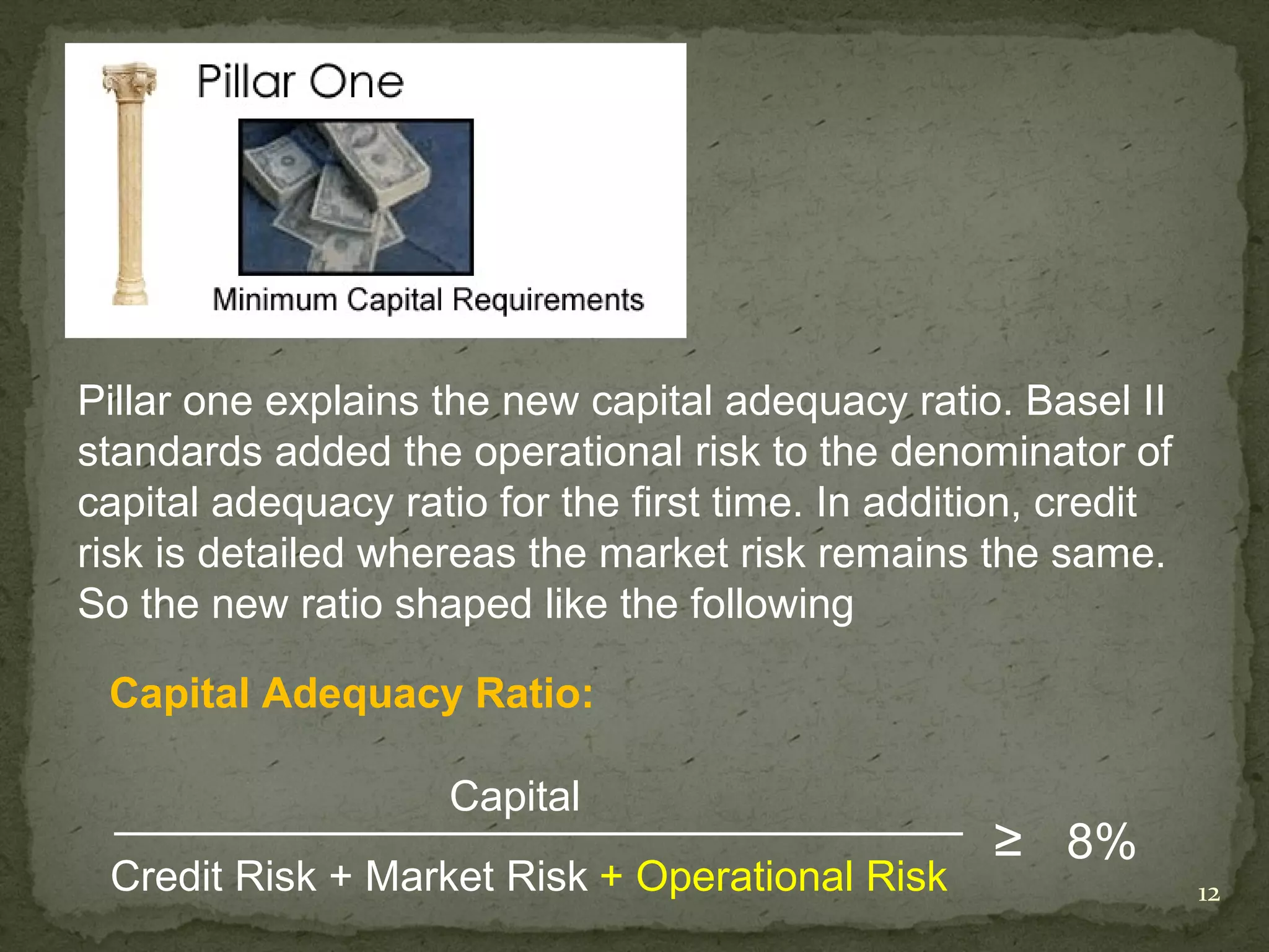 Pillar one explains the new capital adequacy ratio. Basel II
standards added the operational risk to the denominator of
capital adequacy ratio for the first time. In addition, credit
risk is detailed whereas the market risk remains the same.
So the new ratio shaped like the following

 Capital Adequacy Ratio:

                     Capital
                                                   ≥ 8%
 Credit Risk + Market Risk + Operational Risk                    12
 