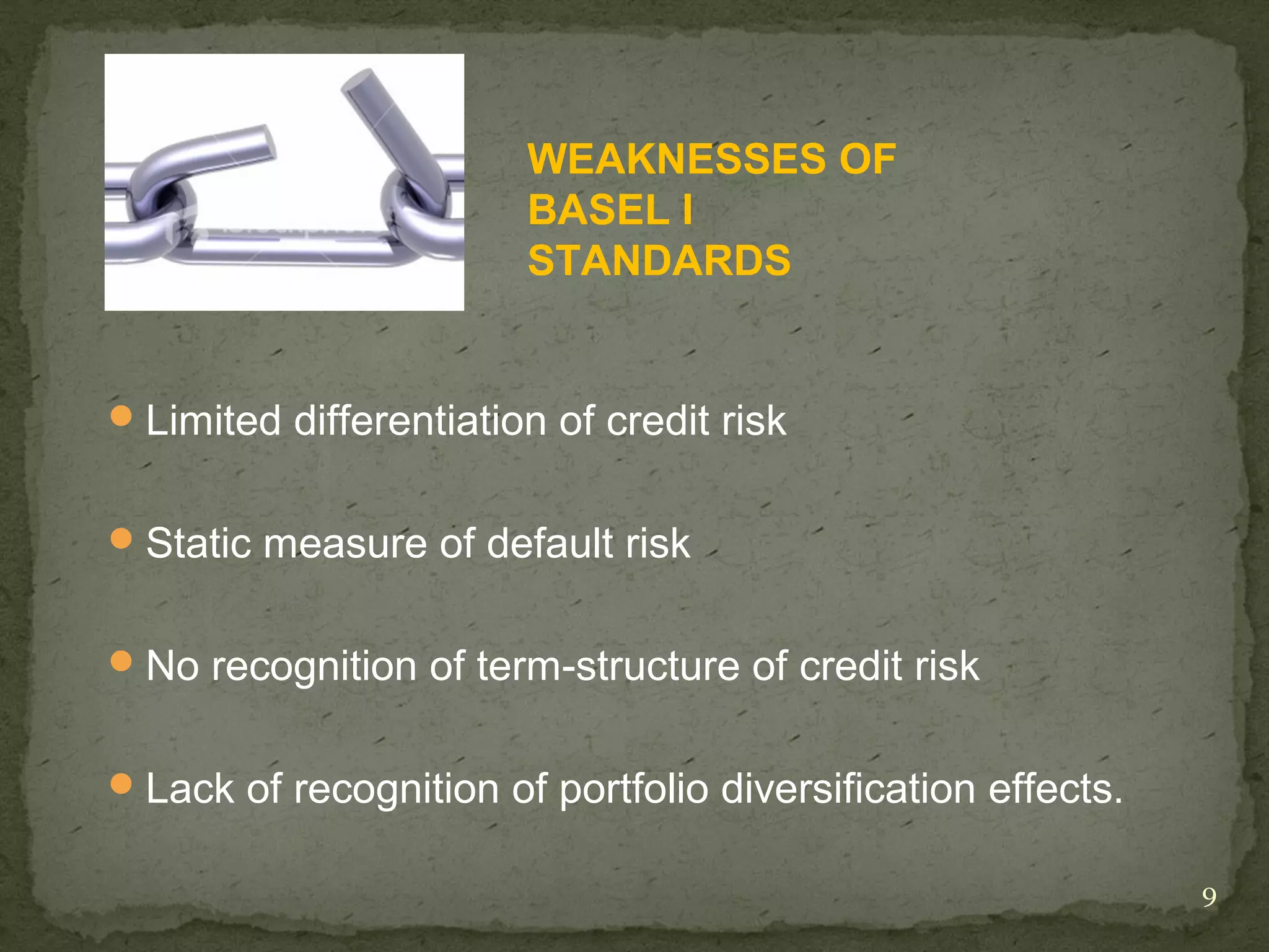 WEAKNESSES OF
                        BASEL I
                        STANDARDS


 Limited differentiation of credit risk


 Static measure of default risk


 No recognition of term-structure of credit risk


 Lack of recognition of portfolio diversification effects.

                                                              9
 