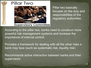 Pillar two basically
                                    focuses on the duty and
                                    responsibilities of the
                                    regulatory authorities


According to the pillar two, banks need to construct more
powerful risk management systems and increase the
importance of internal control.

Provides a framework for dealing with all the other risks a
bank may face (such as systematic risk, liqudity risk)

Recommends active interaction between banks and their
supervisors
                                                              13
 
