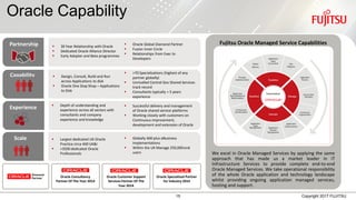 15 Copyright 2017 FUJITSU
Oracle Capability
Fujitsu Oracle Managed Service Capabilities
We excel in Oracle Managed Services by applying the same
approach that has made us a market leader in IT
Infrastructure Services to provide complete end-to-end
Oracle Managed Services. We take operational responsibility
of the whole Oracle application and technology landscape
whilst providing ongoing application managed services,
hosting and support.
Capability
Experience
Scale
Partnership
 Largest dedicated UK Oracle
Practice circa 400 UK&I
 >3500 dedicated Oracle
Professionals
 Globally 600 plus eBusiness
Implementations
 Within the UK Manage 250,000 end
users
 Depth of understanding and
experience across all sectors with
consultants and company
experience and knowledge
 30 Year Relationship with Oracle
 Dedicated Oracle Alliance Director
 Early Adopter and Beta programmes
 >70 Specialisations (highest of any
partner globally)
 Unrivalled Central Gov Shared Services
track record
 Consultants typically > 5 years
experience
 Successful delivery and management
of Oracle shared service platforms
 Working closely with customers on
Continuous improvement,
development and extension of Oracle
 Oracle Global Diamond Partner
 Fusion Inner Circle
 Relationships from Exec to
Developers
 Design, Consult, Build and Run
across Applications to disk
 Oracle One Stop Shop – Applications
to Disk
Oracle Consultancy
Partner Of The Year 2014
Oracle Customer Support
Services Partner Of The
Year 2014
Oracle Specialized Partner
for Industry 2014
 