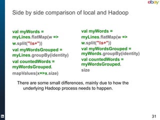 Side by side comparison of local and Hadoop


val myWords =                    val myWords =
myLines.flatMap(w =>             myLines.flatMap(w =>
w.split("s+"))                 w.split("s+"))
val myWordsGrouped =             val myWordsGrouped =
myLines.groupBy(identity)        myWords.groupBy(identity)
val countedWords =               val countedWords =
                                 myWordsGrouped.
myWordsGrouped.
                                 size
mapValues(x=>x.size)

  There are some small differences, mainly due to how the
    underlying Hadoop process needs to happen.




                                                             31
 