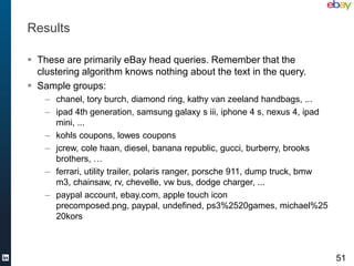 Results

 These are primarily eBay head queries. Remember that the
  clustering algorithm knows nothing about the text in the query.
 Sample groups:
    – chanel, tory burch, diamond ring, kathy van zeeland handbags, ...
    – ipad 4th generation, samsung galaxy s iii, iphone 4 s, nexus 4, ipad
      mini, ...
    – kohls coupons, lowes coupons
    – jcrew, cole haan, diesel, banana republic, gucci, burberry, brooks
      brothers, …
    – ferrari, utility trailer, polaris ranger, porsche 911, dump truck, bmw
      m3, chainsaw, rv, chevelle, vw bus, dodge charger, ...
    – paypal account, ebay.com, apple touch icon
      precomposed.png, paypal, undefined, ps3%2520games, michael%25
      20kors



                                                                               51
 