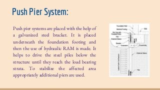 Push Pier System:
Push pier systems are placed with the help of
a galvanized steel bracket. It is placed
underneath the foundation footing and
then the use of hydraulic RAM is made. It
helps to drive the steel piles below the
structure until they reach the load bearing
strata. To stabilize the affected area
appropriately additional piers are used.
 