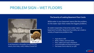 PROBLEM SIGN –WET FLOORS
The Severity of Leaking Basement Floor Cracks
While water in your basement seems like the problem,
it’s the water vapor that creates the biggest problems.
As water evaporates it becomes water vapor, or
basement humidity. Basement humidity can create a
variety of expensive problems like:
A wet basement is the perfect environment for
insects, dust mites, mold, mildew, & wood rot!
• High electric bills
• Mold, mildew, and dust mites
• Pest, rodent and insect infestation
• Uncomfortable and damp living space
• Decreases home value by 10-15%
 