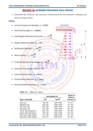 CIVIL ENGINEERING TRAINING CENTER (BIM-CETC) RC DESIGN
Prepared By: Mr. SENG PHEARAK (M.ENG, S.E) PAGE: 243
SECTION 18: BASEMENT RETAINING WALL DESIGN
1. Determine the thickness and necessary reinforcement for the basement retaining wall
shown in Figure below.
GIVEN:
• oncrete Compressive Strength: '
cf 25MPa=
• Steel Yield Strength: yf 390MPa=
• Unit Weight of Reinforced Concrete: c 3
kN
24
m
 =
• Height of Basement Wall: wh 3m=
• Soil Density (Backfill): s 3
kN
18
m
 =
• Water Density: w 3
kN
10
m
 =
• Traffic/Parking Load Surcharge: s 2
kN
w 2.4
m
=
• Internal Friction Angle of Soil: 30 = 
• Concrete/Clear Cover: cv 40mm=
• Vertical Rebar Diameter: s 12mm =
• Horizontal Rebar Diameter: h 12mm =
A
B
Ha
Ps
hw/2
SURCHARGE
Hs
hw/3
Pa
hw
 