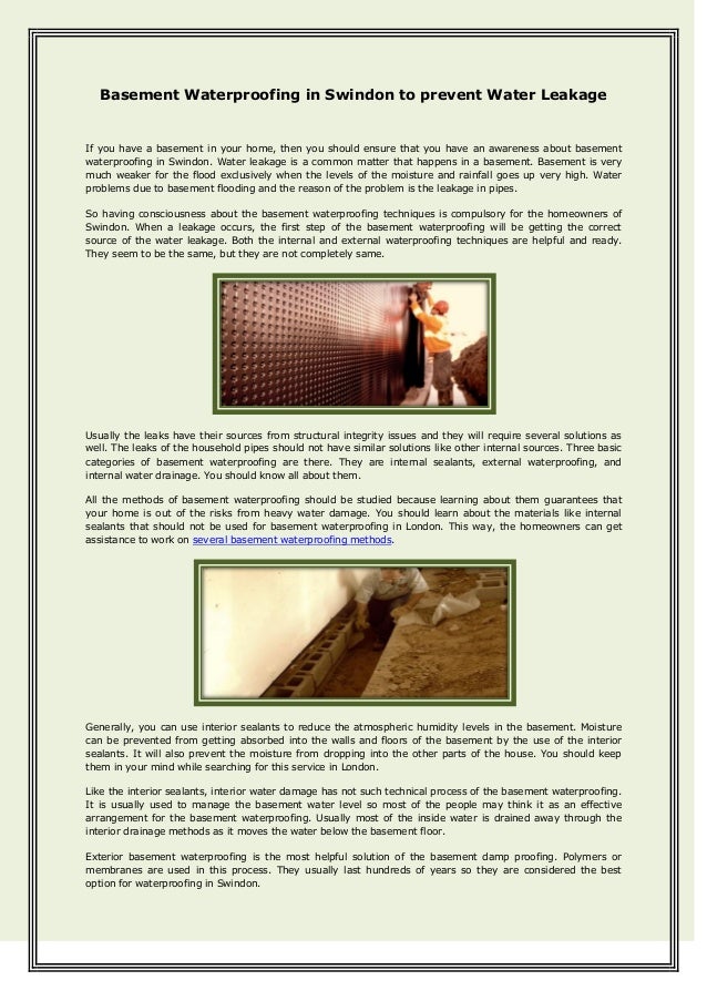 Basement Waterproofing In Swindon To Prevent Water Leakage