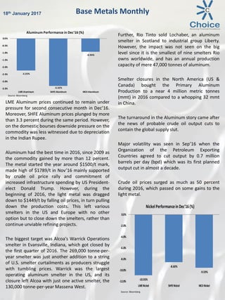 LME Aluminum prices continued to remain under
pressure for second consecutive month in Dec’16.
Moreover, SHFE Aluminum prices plunged by more
than 3.3 percent during the same period. However,
on the domestic bourses downside pressure on the
commodity was less witnessed due to depreciation
in the Indian Rupee.
Aluminum had the best time in 2016, since 2009 as
the commodity gained by more than 12 percent.
The metal started the year around $1500/t mark,
made high of $1789/t in Nov’16 mainly supported
by crude oil price rally and commitment of
increased infrastructure spending by US President-
elect Donald Trump. However, during the
beginning of 2016, the light metal was dragged
down to $1449/t by falling oil prices, in turn pulling
down the production costs. This left various
smelters in the US and Europe with no other
option but to close down the smelters, rather than
continue unviable refining projects.
The biggest target was Alcoa’s Warrick Operations
smelter in Evansville, Indiana, which got closed by
the first quarter of 2016. The 269,000 tonne-per-
year smelter was just another addition to a string
of U.S. smelter curtailments as producers struggle
with tumbling prices. Warrick was the largest
operating aluminum smelter in the US, and its
closure left Alcoa with just one active smelter, the
130,000 tonne-per-year Massena West.
Further, Rio Tinto sold Lochaber, an aluminum
smelter in Scotland to industrial group Liberty.
However, the impact was not seen on the big
level since it is the smallest of nine smelters Rio
owns worldwide, and has an annual production
capacity of mere 47,000 tonnes of aluminum.
Smelter closures in the North America (US &
Canada) bought the Primary Aluminum
Production to a near 4 million metric tonnes
(mmt) in 2016 compared to a whopping 32 mmt
in China.
The turnaround in the Aluminum story came after
the news of probable crude oil output cuts to
contain the global supply slut.
Major volatility was seen in Sep’16 when the
Organization of the Petroleum Exporting
Countries agreed to cut output by 0.7 million
barrels per day (bpd) which was its first planned
output cut in almost a decade.
Crude oil prices surged as much as 50 percent
during 2016, which passed on some gains to the
light metal.
Base Metals Monthly18th January 2017
Source: Bloomberg
Source: Bloomberg
-2.25%
-3.32%
-0.94%
-3.5%
-3.0%
-2.5%
-2.0%
-1.5%
-1.0%
-0.5%
0.0%
LMEAluminum SHFEAluminum MCX Aluminum
Aluminum Performance in Dec'16 (%)
-10.93%
-8.60%
-9.59%
-12.0%
-10.0%
-8.0%
-6.0%
-4.0%
-2.0%
0.0%
LMENickel SHFENickel MCXNickel
NickelPerformanceinDec'16(%)
 
