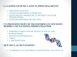 • LA LESIÓN GENÉTICAAFECTA PRINCIPALMENTE
• PROTOONCOGENES
• GENES SUPRESORES TUMORALES
• GENES REGULADORES DE LA MUERTE CELULAR
PROGRAMADA
• GENES DE REPARACIÓN DEL DNA
• UN PROTOONCOGÉN SE TRANSFORMA EN ONCOGÉN
DEBIDO A MUTACIONES PRODUCIDAS POR
• ERRORES FORTUITOS DE DUPLICACIÓN ELADN
• RADIACIONES
• RAYOS ULTRAVIOLETAS
• VIRUS
• CARCINÓGENOS
• QUÉ SON LAS MUTACIONES
• CAMBIOS EN EL MATERIAL GENÉTICO DE LAS CÉLULAS
 