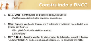 Construindo a BNCC
1. 2015 / 2016 - Contribuição do público e consulta pública;
O público teve participação ativa no processo de construção.
1. 2016 - Segunda versão do documento é publicada e define-se que a BNCC será
dividida em 2 partes:
Educação infantil e Ensino Fundamental
Ensino Médio
1. 2017 / 2018 - Terceira versão do documento da Educação Infantil e Ensino
Fundamental (2017), e a Base do Ensino Fundamental foi divulgada em 2018.
 