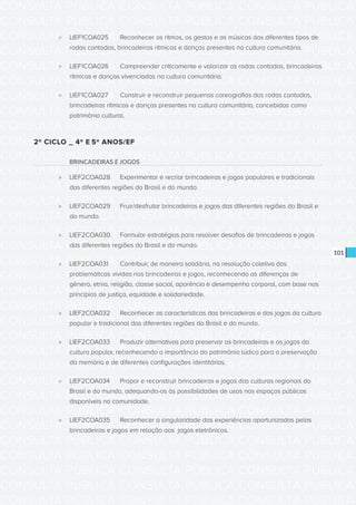 CONSULTA PÚBLICA CONSULTA PÚBLICA CONSULTA PÚBLICA
CONSULTA PÚBLICA CONSULTA PÚBLICA CONSULTA PÚBLICA
CONSULTA PÚBLICA CONSULTA PÚBLICA CONSULTA PÚBLICA
CONSULTA PÚBLICA CONSULTA PÚBLICA CONSULTA PÚBLICA
CONSULTA PÚBLICA CONSULTA PÚBLICA CONSULTA PÚBLICA
CONSULTA PÚBLICA CONSULTA PÚBLICA CONSULTA PÚBLICA
CONSULTA PÚBLICA CONSULTA PÚBLICA CONSULTA PÚBLICA
CONSULTA PÚBLICA CONSULTA PÚBLICA CONSULTA PÚBLICA
CONSULTA PÚBLICA CONSULTA PÚBLICA CONSULTA PÚBLICA
CONSULTA PÚBLICA CONSULTA PÚBLICA CONSULTA PÚBLICA
CONSULTA PÚBLICA CONSULTA PÚBLICA CONSULTA PÚBLICA
CONSULTA PÚBLICA CONSULTA PÚBLICA CONSULTA PÚBLICA
CONSULTA PÚBLICA CONSULTA PÚBLICA CONSULTA PÚBLICA
CONSULTA PÚBLICA CONSULTA PÚBLICA CONSULTA PÚBLICA
CONSULTA PÚBLICA CONSULTA PÚBLICA CONSULTA PÚBLICA
CONSULTA PÚBLICA CONSULTA PÚBLICA CONSULTA PÚBLICA
CONSULTA PÚBLICA CONSULTA PÚBLICA CONSULTA PÚBLICA
CONSULTA PÚBLICA CONSULTA PÚBLICA CONSULTA PÚBLICA
CONSULTA PÚBLICA CONSULTA PÚBLICA CONSULTA PÚBLICA
CONSULTA PÚBLICA CONSULTA PÚBLICA CONSULTA PÚBLICA
CONSULTA PÚBLICA CONSULTA PÚBLICA CONSULTA PÚBLICA
CONSULTA PÚBLICA CONSULTA PÚBLICA CONSULTA PÚBLICA
CONSULTA PÚBLICA CONSULTA PÚBLICA CONSULTA PÚBLICA
CONSULTA PÚBLICA CONSULTA PÚBLICA CONSULTA PÚBLICA
CONSULTA PÚBLICA CONSULTA PÚBLICA CONSULTA PÚBLICA
CONSULTA PÚBLICA CONSULTA PÚBLICA CONSULTA PÚBLICA
CONSULTA PÚBLICA CONSULTA PÚBLICA CONSULTA PÚBLICA
CONSULTA PÚBLICA CONSULTA PÚBLICA CONSULTA PÚBLICA
CONSULTA PÚBLICA CONSULTA PÚBLICA CONSULTA PÚBLICA
CONSULTA PÚBLICA CONSULTA PÚBLICA CONSULTA PÚBLICA
CONSULTA PÚBLICA CONSULTA PÚBLICA CONSULTA PÚBLICA
CONSULTA PÚBLICA CONSULTA PÚBLICA CONSULTA PÚBLICA
CONSULTA PÚBLICA CONSULTA PÚBLICA CONSULTA PÚBLICA
CONSULTA PÚBLICA CONSULTA PÚBLICA CONSULTA PÚBLICA
101
»» LIEF1COA025	 Reconhecer os ritmos, os gestos e as músicas dos diferentes tipos de
rodas cantadas, brincadeiras rítmicas e danças presentes na cultura comunitária.
»» LIEF1COA026	 Compreender criticamente e valorizar as rodas cantadas, brincadeiras
rítmicas e danças vivenciadas na cultura comunitária.
»» LIEF1COA027	 Construir e reconstruir pequenas coreografias das rodas cantadas,
brincadeiras rítmicas e danças presentes na cultura comunitária, concebidas como
patrimônio cultural.
2º CICLO _ 4º E 5º ANOS/EF
BRINCADEIRAS E JOGOS
»» LIEF2COA028	 Experimentar e recriar brincadeiras e jogos populares e tradicionais
das diferentes regiões do Brasil e do mundo.
»» LIEF2COA029	 Fruir/desfrutar brincadeiras e jogos das diferentes regiões do Brasil e
do mundo.
»» LIEF2COA030.	 Formular estratégias para resolver desafios de brincadeiras e jogos
das diferentes regiões do Brasil e do mundo.
»» LIEF2COA031	 Contribuir, de maneira solidária, na resolução coletiva das
problemáticas vividas nas brincadeiras e jogos, reconhecendo as diferenças de
gênero, etnia, religião, classe social, aparência e desempenho corporal, com base nos
princípios de justiça, equidade e solidariedade.
»» LIEF2COA032	 Reconhecer as características das brincadeiras e dos jogos da cultura
popular e tradicional das diferentes regiões do Brasil e do mundo.
»» LIEF2COA033	 Produzir alternativas para preservar as brincadeiras e os jogos da
cultura popular, reconhecendo a importância do patrimônio lúdico para a preservação
da memória e de diferentes configurações identitárias.
»» LIEF2COA034	 Propor e reconstruir brincadeiras e jogos das culturas regionais do
Brasil e do mundo, adequando-os às possibilidades de usos nos espaços públicos
disponíveis na comunidade.
»» LIEF2COA035	 Reconhecer a singularidade das experiências oportunizadas pelas
brincadeiras e jogos em relação aos jogos eletrônicos.
 