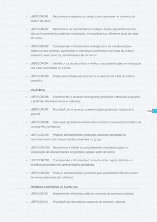 CONSULTA PÚBLICA CONSULTA PÚBLICA CONSULTA PÚBLICA
CONSULTA PÚBLICA CONSULTA PÚBLICA CONSULTA PÚBLICA
CONSULTA PÚBLICA CONSULTA PÚBLICA CONSULTA PÚBLICA
CONSULTA PÚBLICA CONSULTA PÚBLICA CONSULTA PÚBLICA
CONSULTA PÚBLICA CONSULTA PÚBLICA CONSULTA PÚBLICA
CONSULTA PÚBLICA CONSULTA PÚBLICA CONSULTA PÚBLICA
CONSULTA PÚBLICA CONSULTA PÚBLICA CONSULTA PÚBLICA
CONSULTA PÚBLICA CONSULTA PÚBLICA CONSULTA PÚBLICA
CONSULTA PÚBLICA CONSULTA PÚBLICA CONSULTA PÚBLICA
CONSULTA PÚBLICA CONSULTA PÚBLICA CONSULTA PÚBLICA
CONSULTA PÚBLICA CONSULTA PÚBLICA CONSULTA PÚBLICA
CONSULTA PÚBLICA CONSULTA PÚBLICA CONSULTA PÚBLICA
CONSULTA PÚBLICA CONSULTA PÚBLICA CONSULTA PÚBLICA
CONSULTA PÚBLICA CONSULTA PÚBLICA CONSULTA PÚBLICA
CONSULTA PÚBLICA CONSULTA PÚBLICA CONSULTA PÚBLICA
CONSULTA PÚBLICA CONSULTA PÚBLICA CONSULTA PÚBLICA
CONSULTA PÚBLICA CONSULTA PÚBLICA CONSULTA PÚBLICA
CONSULTA PÚBLICA CONSULTA PÚBLICA CONSULTA PÚBLICA
CONSULTA PÚBLICA CONSULTA PÚBLICA CONSULTA PÚBLICA
CONSULTA PÚBLICA CONSULTA PÚBLICA CONSULTA PÚBLICA
CONSULTA PÚBLICA CONSULTA PÚBLICA CONSULTA PÚBLICA
CONSULTA PÚBLICA CONSULTA PÚBLICA CONSULTA PÚBLICA
CONSULTA PÚBLICA CONSULTA PÚBLICA CONSULTA PÚBLICA
CONSULTA PÚBLICA CONSULTA PÚBLICA CONSULTA PÚBLICA
CONSULTA PÚBLICA CONSULTA PÚBLICA CONSULTA PÚBLICA
CONSULTA PÚBLICA CONSULTA PÚBLICA CONSULTA PÚBLICA
CONSULTA PÚBLICA CONSULTA PÚBLICA CONSULTA PÚBLICA
CONSULTA PÚBLICA CONSULTA PÚBLICA CONSULTA PÚBLICA
CONSULTA PÚBLICA CONSULTA PÚBLICA CONSULTA PÚBLICA
CONSULTA PÚBLICA CONSULTA PÚBLICA CONSULTA PÚBLICA
CONSULTA PÚBLICA CONSULTA PÚBLICA CONSULTA PÚBLICA
CONSULTA PÚBLICA CONSULTA PÚBLICA CONSULTA PÚBLICA
CONSULTA PÚBLICA CONSULTA PÚBLICA CONSULTA PÚBLICA
CONSULTA PÚBLICA CONSULTA PÚBLICA CONSULTA PÚBLICA
106
»» LIEF3COA091	 Reconhecer e respeitar o colega como oponente no contexto da
pratica de lutas.
»» LIEF3COA092	 Reconhecer as características (códigos, rituais, elementos técnico-
táticos, indumentária, materiais, instalações, instituições) dos diferentes tipos de lutas
do Brasil.
»» LIEF3COA093	 Compreender criticamente a emergência e as transformações
históricas dos sentidos, significados e interesses constitutivos das lutas da cultura
brasileira, bem como as possibilidades de recriá-las.
»» LIEF3COA094	 Identificar locais de prática e verificar as possibilidades de realização
das lutas aprendidas na escola.
»» LIEF3COA095	 Propor alternativas para preservar e valorizar as lutas da cultura
brasileira.
GINÁSTICA
»» LIEF3COA096	 Experimentar e produzir coreografias ginásticas individuais e grupais
a partir de diferentes temas e materiais.
»» LIEF3COA097	 Fruir/desfrutar e apreciar apresentações ginásticas individuais e
grupais.
»» LIEF3COA098	 Solucionar problemas enfrentados durante a composição temática de
coreografias ginásticas.
»» LIEF3COA099	 Produzir apresentações ginásticas coletivas com base no
reconhecimento das singularidades presentes no grupo.
»» LIEF3COA0100	 Reconhecer e refletir os procedimentos necessários para a
elaboração de apresentações de ginástica geral a partir de temas.
»» LIEF3COA0101	 Compreender criticamente a conexão entre a gestualidade e a
temática anunciada nas apresentações ginásticas.
»» LIEF3COA0102	 Produzir apresentações ginásticas que possibilitem reflexão acerca
de temas relevantes do cotidiano.
PRÁTICAS CORPORAIS DE AVENTURA
»» LIEF3COA103	 Experimentar diferentes práticas corporais de aventura urbanas.
»» LIEF3COA104	 Fruir/desfrutar de práticas corporais de aventura urbanas.
 