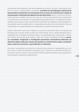 CONSULTA PÚBLICA CONSULTA PÚBLICA CONSULTA PÚBLICA
CONSULTA PÚBLICA CONSULTA PÚBLICA CONSULTA PÚBLICA
CONSULTA PÚBLICA CONSULTA PÚBLICA CONSULTA PÚBLICA
CONSULTA PÚBLICA CONSULTA PÚBLICA CONSULTA PÚBLICA
CONSULTA PÚBLICA CONSULTA PÚBLICA CONSULTA PÚBLICA
CONSULTA PÚBLICA CONSULTA PÚBLICA CONSULTA PÚBLICA
CONSULTA PÚBLICA CONSULTA PÚBLICA CONSULTA PÚBLICA
CONSULTA PÚBLICA CONSULTA PÚBLICA CONSULTA PÚBLICA
CONSULTA PÚBLICA CONSULTA PÚBLICA CONSULTA PÚBLICA
CONSULTA PÚBLICA CONSULTA PÚBLICA CONSULTA PÚBLICA
CONSULTA PÚBLICA CONSULTA PÚBLICA CONSULTA PÚBLICA
CONSULTA PÚBLICA CONSULTA PÚBLICA CONSULTA PÚBLICA
CONSULTA PÚBLICA CONSULTA PÚBLICA CONSULTA PÚBLICA
CONSULTA PÚBLICA CONSULTA PÚBLICA CONSULTA PÚBLICA
CONSULTA PÚBLICA CONSULTA PÚBLICA CONSULTA PÚBLICA
CONSULTA PÚBLICA CONSULTA PÚBLICA CONSULTA PÚBLICA
CONSULTA PÚBLICA CONSULTA PÚBLICA CONSULTA PÚBLICA
CONSULTA PÚBLICA CONSULTA PÚBLICA CONSULTA PÚBLICA
CONSULTA PÚBLICA CONSULTA PÚBLICA CONSULTA PÚBLICA
CONSULTA PÚBLICA CONSULTA PÚBLICA CONSULTA PÚBLICA
CONSULTA PÚBLICA CONSULTA PÚBLICA CONSULTA PÚBLICA
CONSULTA PÚBLICA CONSULTA PÚBLICA CONSULTA PÚBLICA
CONSULTA PÚBLICA CONSULTA PÚBLICA CONSULTA PÚBLICA
CONSULTA PÚBLICA CONSULTA PÚBLICA CONSULTA PÚBLICA
CONSULTA PÚBLICA CONSULTA PÚBLICA CONSULTA PÚBLICA
CONSULTA PÚBLICA CONSULTA PÚBLICA CONSULTA PÚBLICA
CONSULTA PÚBLICA CONSULTA PÚBLICA CONSULTA PÚBLICA
CONSULTA PÚBLICA CONSULTA PÚBLICA CONSULTA PÚBLICA
CONSULTA PÚBLICA CONSULTA PÚBLICA CONSULTA PÚBLICA
CONSULTA PÚBLICA CONSULTA PÚBLICA CONSULTA PÚBLICA
CONSULTA PÚBLICA CONSULTA PÚBLICA CONSULTA PÚBLICA
CONSULTA PÚBLICA CONSULTA PÚBLICA CONSULTA PÚBLICA
CONSULTA PÚBLICA CONSULTA PÚBLICA CONSULTA PÚBLICA
CONSULTA PÚBLICA CONSULTA PÚBLICA CONSULTA PÚBLICA
10
No presente texto preliminar, que será submetido em escala nacional à apreciação crítica
para ser revisto, complementado, modificado, os direitos de aprendizagem anteriormente
apresentados fundamentam as articulações entre as áreas do conhecimento e etapas de
escolarização na definição dos objetivos da educação básica. Assim, na estrutura do docu-
mento preliminar da BNC cada uma das áreas de conhecimento apresenta os componentes
curriculares que as constituem em cada etapa da educação básica e os objetivos de apren-
dizagem relacionados a esses componentes. A definição dos objetivos de aprendizagem se
faz, portanto, pela articulação entre a singularidade das áreas do conhecimento e de seus
componentes e as especificidades dos estudantes ao longo da educação básica.
Desde o letramento inicial até as etapas conclusivas da educação básica há aspectos da
formação que envolvem todas as áreas de conhecimento, como o desenvolvimento da so-
ciabilidade, da curiosidade, de atitudes éticas, de qualificação para compreender e empre-
gar inúmeras tecnologias, para elaborar visões de mundo e sociedade. Entretanto, promo-
ver curiosidade, imaginação e investigação apresentará características diferentes em
diferentes etapas ainda que, sempre que possível, os conhecimentos sejam contextuali-
zados, antes de se promover a generalização e a abstração.
As áreas e componentes curriculares se articulam para promover a apropriação por crian-
ças, jovens e adultos de diferentes linguagens, para reconhecer e interpretar fenômenos e
processos naturais, sociais e culturais, para enfrentar problemas práticos, para argumentar e
tomar decisões, individual e coletivamente.
 