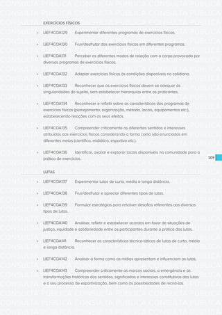 CONSULTA PÚBLICA CONSULTA PÚBLICA CONSULTA PÚBLICA
CONSULTA PÚBLICA CONSULTA PÚBLICA CONSULTA PÚBLICA
CONSULTA PÚBLICA CONSULTA PÚBLICA CONSULTA PÚBLICA
CONSULTA PÚBLICA CONSULTA PÚBLICA CONSULTA PÚBLICA
CONSULTA PÚBLICA CONSULTA PÚBLICA CONSULTA PÚBLICA
CONSULTA PÚBLICA CONSULTA PÚBLICA CONSULTA PÚBLICA
CONSULTA PÚBLICA CONSULTA PÚBLICA CONSULTA PÚBLICA
CONSULTA PÚBLICA CONSULTA PÚBLICA CONSULTA PÚBLICA
CONSULTA PÚBLICA CONSULTA PÚBLICA CONSULTA PÚBLICA
CONSULTA PÚBLICA CONSULTA PÚBLICA CONSULTA PÚBLICA
CONSULTA PÚBLICA CONSULTA PÚBLICA CONSULTA PÚBLICA
CONSULTA PÚBLICA CONSULTA PÚBLICA CONSULTA PÚBLICA
CONSULTA PÚBLICA CONSULTA PÚBLICA CONSULTA PÚBLICA
CONSULTA PÚBLICA CONSULTA PÚBLICA CONSULTA PÚBLICA
CONSULTA PÚBLICA CONSULTA PÚBLICA CONSULTA PÚBLICA
CONSULTA PÚBLICA CONSULTA PÚBLICA CONSULTA PÚBLICA
CONSULTA PÚBLICA CONSULTA PÚBLICA CONSULTA PÚBLICA
CONSULTA PÚBLICA CONSULTA PÚBLICA CONSULTA PÚBLICA
CONSULTA PÚBLICA CONSULTA PÚBLICA CONSULTA PÚBLICA
CONSULTA PÚBLICA CONSULTA PÚBLICA CONSULTA PÚBLICA
CONSULTA PÚBLICA CONSULTA PÚBLICA CONSULTA PÚBLICA
CONSULTA PÚBLICA CONSULTA PÚBLICA CONSULTA PÚBLICA
CONSULTA PÚBLICA CONSULTA PÚBLICA CONSULTA PÚBLICA
CONSULTA PÚBLICA CONSULTA PÚBLICA CONSULTA PÚBLICA
CONSULTA PÚBLICA CONSULTA PÚBLICA CONSULTA PÚBLICA
CONSULTA PÚBLICA CONSULTA PÚBLICA CONSULTA PÚBLICA
CONSULTA PÚBLICA CONSULTA PÚBLICA CONSULTA PÚBLICA
CONSULTA PÚBLICA CONSULTA PÚBLICA CONSULTA PÚBLICA
CONSULTA PÚBLICA CONSULTA PÚBLICA CONSULTA PÚBLICA
CONSULTA PÚBLICA CONSULTA PÚBLICA CONSULTA PÚBLICA
CONSULTA PÚBLICA CONSULTA PÚBLICA CONSULTA PÚBLICA
CONSULTA PÚBLICA CONSULTA PÚBLICA CONSULTA PÚBLICA
CONSULTA PÚBLICA CONSULTA PÚBLICA CONSULTA PÚBLICA
CONSULTA PÚBLICA CONSULTA PÚBLICA CONSULTA PÚBLICA
109
EXERCÍCIOS FÍSICOS
»» LIEF4COA129	 Experimentar diferentes programas de exercícios físicos.
»» LIEF4COA130	 Fruir/desfrutar dos exercícios físicos em diferentes programas.
»» LIEF4COA131	 Perceber os diferentes modos de relação com o corpo provocado por
diversos programas de exercícios físicos.
»» LIEF4COA132	 Adaptar exercícios físicos às condições disponíveis no cotidiano.
»» LIEF4COA133	 Reconhecer que os exercícios físicos devem se adequar às
singularidades do sujeito, sem estabelecer hierarquias entre os praticantes.
»» LIEF4COA134	 Reconhecer e refletir sobre as características dos programas de
exercícios físicos (planejamento, organização, método, locais, equipamentos etc.),
estabelecendo relações com os seus efeitos.
»» LIEF4COA135	 Compreender criticamente os diferentes sentidos e interesses
atribuídos aos exercícios físicos considerando a forma como são enunciados em
diferentes meios (científico, midiático, esportivo etc.).
»» LIEF4COA136	 Identificar, avaliar e explorar locais disponíveis na comunidade para a
prática de exercícios.
LUTAS
»» LIEF4COA137	 Experimentar lutas de curta, média e longa distância.
»» LIEF4COA138	 Fruir/desfrutar e apreciar diferentes tipos de lutas.
»» LIEF4COA139	 Formular estratégias para resolver desafios referentes aos diversos
tipos de lutas.
»» LIEF4COA140	 Analisar, refletir e estabelecer acordos em favor de situações de
justiça, equidade e solidariedade entre os participantes durante a prática das lutas.
»» LIEF4COA141	 Reconhecer as características técnico-táticas de lutas de curta, média
e longa distância.
»» LIEF4COA142	 Analisar a forma como as mídias apresentam e influenciam as lutas.
»» LIEF4COA143	 Compreender criticamente as marcas sociais, a emergência e as
transformações históricas dos sentidos, significados e interesses constitutivos das lutas
e o seu processo de esportivização, bem como as possibilidades de recriá-las.
 