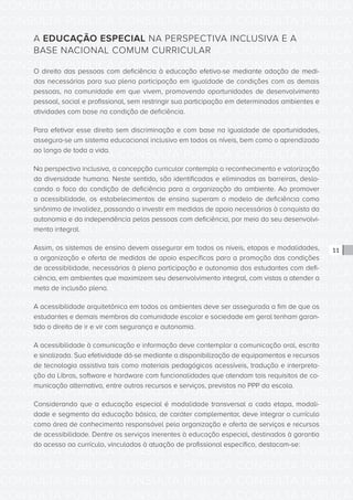 CONSULTA PÚBLICA CONSULTA PÚBLICA CONSULTA PÚBLICA
CONSULTA PÚBLICA CONSULTA PÚBLICA CONSULTA PÚBLICA
CONSULTA PÚBLICA CONSULTA PÚBLICA CONSULTA PÚBLICA
CONSULTA PÚBLICA CONSULTA PÚBLICA CONSULTA PÚBLICA
CONSULTA PÚBLICA CONSULTA PÚBLICA CONSULTA PÚBLICA
CONSULTA PÚBLICA CONSULTA PÚBLICA CONSULTA PÚBLICA
CONSULTA PÚBLICA CONSULTA PÚBLICA CONSULTA PÚBLICA
CONSULTA PÚBLICA CONSULTA PÚBLICA CONSULTA PÚBLICA
CONSULTA PÚBLICA CONSULTA PÚBLICA CONSULTA PÚBLICA
CONSULTA PÚBLICA CONSULTA PÚBLICA CONSULTA PÚBLICA
CONSULTA PÚBLICA CONSULTA PÚBLICA CONSULTA PÚBLICA
CONSULTA PÚBLICA CONSULTA PÚBLICA CONSULTA PÚBLICA
CONSULTA PÚBLICA CONSULTA PÚBLICA CONSULTA PÚBLICA
CONSULTA PÚBLICA CONSULTA PÚBLICA CONSULTA PÚBLICA
CONSULTA PÚBLICA CONSULTA PÚBLICA CONSULTA PÚBLICA
CONSULTA PÚBLICA CONSULTA PÚBLICA CONSULTA PÚBLICA
CONSULTA PÚBLICA CONSULTA PÚBLICA CONSULTA PÚBLICA
CONSULTA PÚBLICA CONSULTA PÚBLICA CONSULTA PÚBLICA
CONSULTA PÚBLICA CONSULTA PÚBLICA CONSULTA PÚBLICA
CONSULTA PÚBLICA CONSULTA PÚBLICA CONSULTA PÚBLICA
CONSULTA PÚBLICA CONSULTA PÚBLICA CONSULTA PÚBLICA
CONSULTA PÚBLICA CONSULTA PÚBLICA CONSULTA PÚBLICA
CONSULTA PÚBLICA CONSULTA PÚBLICA CONSULTA PÚBLICA
CONSULTA PÚBLICA CONSULTA PÚBLICA CONSULTA PÚBLICA
CONSULTA PÚBLICA CONSULTA PÚBLICA CONSULTA PÚBLICA
CONSULTA PÚBLICA CONSULTA PÚBLICA CONSULTA PÚBLICA
CONSULTA PÚBLICA CONSULTA PÚBLICA CONSULTA PÚBLICA
CONSULTA PÚBLICA CONSULTA PÚBLICA CONSULTA PÚBLICA
CONSULTA PÚBLICA CONSULTA PÚBLICA CONSULTA PÚBLICA
CONSULTA PÚBLICA CONSULTA PÚBLICA CONSULTA PÚBLICA
CONSULTA PÚBLICA CONSULTA PÚBLICA CONSULTA PÚBLICA
CONSULTA PÚBLICA CONSULTA PÚBLICA CONSULTA PÚBLICA
CONSULTA PÚBLICA CONSULTA PÚBLICA CONSULTA PÚBLICA
CONSULTA PÚBLICA CONSULTA PÚBLICA CONSULTA PÚBLICA
11
A EDUCAÇÃO ESPECIAL NA PERSPECTIVA INCLUSIVA E A
BASE NACIONAL COMUM CURRICULAR
O direito das pessoas com deficiência à educação efetiva-se mediante adoção de medi-
das necessárias para sua plena participação em igualdade de condições com as demais
pessoas, na comunidade em que vivem, promovendo oportunidades de desenvolvimento
pessoal, social e profissional, sem restringir sua participação em determinados ambientes e
atividades com base na condição de deficiência.
Para efetivar esse direito sem discriminação e com base na igualdade de oportunidades,
assegura-se um sistema educacional inclusivo em todos os níveis, bem como o aprendizado
ao longo de toda a vida.
Na perspectiva inclusiva, a concepção curricular contempla o reconhecimento e valorização
da diversidade humana. Neste sentido, são identificadas e eliminadas as barreiras, deslo-
cando o foco da condição de deficiência para a organização do ambiente. Ao promover
a acessibilidade, os estabelecimentos de ensino superam o modelo de deficiência como
sinônimo de invalidez, passando a investir em medidas de apoio necessárias à conquista da
autonomia e da independência pelas pessoas com deficiência, por meio do seu desenvolvi-
mento integral.
Assim, os sistemas de ensino devem assegurar em todos os níveis, etapas e modalidades,
a organização e oferta de medidas de apoio específicas para a promoção das condições
de acessibilidade, necessárias à plena participação e autonomia dos estudantes com defi-
ciência, em ambientes que maximizem seu desenvolvimento integral, com vistas a atender a
meta de inclusão plena.
A acessibilidade arquitetônica em todos os ambientes deve ser assegurada a fim de que os
estudantes e demais membros da comunidade escolar e sociedade em geral tenham garan-
tido o direito de ir e vir com segurança e autonomia.
A acessibilidade à comunicação e informação deve contemplar a comunicação oral, escrita
e sinalizada. Sua efetividade dá-se mediante a disponibilização de equipamentos e recursos
de tecnologia assistiva tais como materiais pedagógicos acessíveis, tradução e interpreta-
ção da Libras, software e hardware com funcionalidades que atendam tais requisitos de co-
municação alternativa, entre outros recursos e serviços, previstos no PPP da escola.
Considerando que a educação especial é modalidade transversal a cada etapa, modali-
dade e segmento da educação básica, de caráter complementar, deve integrar o currículo
como área de conhecimento responsável pela organização e oferta de serviços e recursos
de acessibilidade. Dentre os serviços inerentes à educação especial, destinados à garantia
do acesso ao currículo, vinculados à atuação de profissional específico, destacam-se:
 