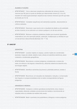 CONSULTA PÚBLICA CONSULTA PÚBLICA CONSULTA PÚBLICA
CONSULTA PÚBLICA CONSULTA PÚBLICA CONSULTA PÚBLICA
CONSULTA PÚBLICA CONSULTA PÚBLICA CONSULTA PÚBLICA
CONSULTA PÚBLICA CONSULTA PÚBLICA CONSULTA PÚBLICA
CONSULTA PÚBLICA CONSULTA PÚBLICA CONSULTA PÚBLICA
CONSULTA PÚBLICA CONSULTA PÚBLICA CONSULTA PÚBLICA
CONSULTA PÚBLICA CONSULTA PÚBLICA CONSULTA PÚBLICA
CONSULTA PÚBLICA CONSULTA PÚBLICA CONSULTA PÚBLICA
CONSULTA PÚBLICA CONSULTA PÚBLICA CONSULTA PÚBLICA
CONSULTA PÚBLICA CONSULTA PÚBLICA CONSULTA PÚBLICA
CONSULTA PÚBLICA CONSULTA PÚBLICA CONSULTA PÚBLICA
CONSULTA PÚBLICA CONSULTA PÚBLICA CONSULTA PÚBLICA
CONSULTA PÚBLICA CONSULTA PÚBLICA CONSULTA PÚBLICA
CONSULTA PÚBLICA CONSULTA PÚBLICA CONSULTA PÚBLICA
CONSULTA PÚBLICA CONSULTA PÚBLICA CONSULTA PÚBLICA
CONSULTA PÚBLICA CONSULTA PÚBLICA CONSULTA PÚBLICA
CONSULTA PÚBLICA CONSULTA PÚBLICA CONSULTA PÚBLICA
CONSULTA PÚBLICA CONSULTA PÚBLICA CONSULTA PÚBLICA
CONSULTA PÚBLICA CONSULTA PÚBLICA CONSULTA PÚBLICA
CONSULTA PÚBLICA CONSULTA PÚBLICA CONSULTA PÚBLICA
CONSULTA PÚBLICA CONSULTA PÚBLICA CONSULTA PÚBLICA
CONSULTA PÚBLICA CONSULTA PÚBLICA CONSULTA PÚBLICA
CONSULTA PÚBLICA CONSULTA PÚBLICA CONSULTA PÚBLICA
CONSULTA PÚBLICA CONSULTA PÚBLICA CONSULTA PÚBLICA
CONSULTA PÚBLICA CONSULTA PÚBLICA CONSULTA PÚBLICA
CONSULTA PÚBLICA CONSULTA PÚBLICA CONSULTA PÚBLICA
CONSULTA PÚBLICA CONSULTA PÚBLICA CONSULTA PÚBLICA
CONSULTA PÚBLICA CONSULTA PÚBLICA CONSULTA PÚBLICA
CONSULTA PÚBLICA CONSULTA PÚBLICA CONSULTA PÚBLICA
CONSULTA PÚBLICA CONSULTA PÚBLICA CONSULTA PÚBLICA
CONSULTA PÚBLICA CONSULTA PÚBLICA CONSULTA PÚBLICA
CONSULTA PÚBLICA CONSULTA PÚBLICA CONSULTA PÚBLICA
CONSULTA PÚBLICA CONSULTA PÚBLICA CONSULTA PÚBLICA
CONSULTA PÚBLICA CONSULTA PÚBLICA CONSULTA PÚBLICA
129
ÁLGEBRA E FUNÇÕES
»» MTMT4FOA021	 Criar e descrever sequências ordenadas de números naturais
menores que 50, para os quais as divisões por determinado número (2, 3, 4 ou 5)
resultem em restos iguais (exemplo: sequência dos números menores que 30 cujo resto
da divisão por 5 é 3).
»» MTMT4FOA022	 Completar sequências com elementos ausentes, descrevendo os
critérios adotados.
»» MTMT4FOA023	 Descrever o que ocorre com o resultado da adição ou da subtração
de dois números, ao se adicionar um número qualquer a um de seus termos.
»» MTMT4FOA024	 Resolver e elaborar problemas simples que envolvam igualdades
matemáticas com uma operação (adição, subtração, multiplicação ou divisão) em que
um dos termos é desconhecido (Exemplo: 30 ÷ ? = 6).
5º ANO/EF
GEOMETRIA
»» MTMT5FOA001	 Localizar objetos no espaço, usando noções de coordenadas
(exemplo: mapas de cidade, batalha naval, células em planilhas eletrônicas, plano
cartesiano, coordenadas geográficas).
»» MTMT5FOA002	 Reconhecer e nomear polígonos, considerando o número de
lados, de vértices e de ângulos e desenhá-los, utilizando material de desenho e/ou
tecnologias digitais.
»» MTMT5FOA003	 Identificar elementos de prismas e pirâmides (vértices, arestas e
faces).
»» MTMT5FOA004	 Reconhecer, em situações de ampliação e redução, a conservação
dos ângulos e a proporcionalidade entre os lados correspondentes de figuras
poligonais.
GRANDEZAS E MEDIDAS
»» MTMT5FOA005	 Comparar e ordenar grandezas (comprimento, área, massa e
capacidade), utilizando unidades convencionais de medida e reconhecendo as
relações entre as unidades de medida mais usuais.
»» MTMT5FOA006	 Medir o perímetro de quadriláteros, triângulos e outros polígonos.
 