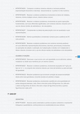 CONSULTA PÚBLICA CONSULTA PÚBLICA CONSULTA PÚBLICA
CONSULTA PÚBLICA CONSULTA PÚBLICA CONSULTA PÚBLICA
CONSULTA PÚBLICA CONSULTA PÚBLICA CONSULTA PÚBLICA
CONSULTA PÚBLICA CONSULTA PÚBLICA CONSULTA PÚBLICA
CONSULTA PÚBLICA CONSULTA PÚBLICA CONSULTA PÚBLICA
CONSULTA PÚBLICA CONSULTA PÚBLICA CONSULTA PÚBLICA
CONSULTA PÚBLICA CONSULTA PÚBLICA CONSULTA PÚBLICA
CONSULTA PÚBLICA CONSULTA PÚBLICA CONSULTA PÚBLICA
CONSULTA PÚBLICA CONSULTA PÚBLICA CONSULTA PÚBLICA
CONSULTA PÚBLICA CONSULTA PÚBLICA CONSULTA PÚBLICA
CONSULTA PÚBLICA CONSULTA PÚBLICA CONSULTA PÚBLICA
CONSULTA PÚBLICA CONSULTA PÚBLICA CONSULTA PÚBLICA
CONSULTA PÚBLICA CONSULTA PÚBLICA CONSULTA PÚBLICA
CONSULTA PÚBLICA CONSULTA PÚBLICA CONSULTA PÚBLICA
CONSULTA PÚBLICA CONSULTA PÚBLICA CONSULTA PÚBLICA
CONSULTA PÚBLICA CONSULTA PÚBLICA CONSULTA PÚBLICA
CONSULTA PÚBLICA CONSULTA PÚBLICA CONSULTA PÚBLICA
CONSULTA PÚBLICA CONSULTA PÚBLICA CONSULTA PÚBLICA
CONSULTA PÚBLICA CONSULTA PÚBLICA CONSULTA PÚBLICA
CONSULTA PÚBLICA CONSULTA PÚBLICA CONSULTA PÚBLICA
CONSULTA PÚBLICA CONSULTA PÚBLICA CONSULTA PÚBLICA
CONSULTA PÚBLICA CONSULTA PÚBLICA CONSULTA PÚBLICA
CONSULTA PÚBLICA CONSULTA PÚBLICA CONSULTA PÚBLICA
CONSULTA PÚBLICA CONSULTA PÚBLICA CONSULTA PÚBLICA
CONSULTA PÚBLICA CONSULTA PÚBLICA CONSULTA PÚBLICA
CONSULTA PÚBLICA CONSULTA PÚBLICA CONSULTA PÚBLICA
CONSULTA PÚBLICA CONSULTA PÚBLICA CONSULTA PÚBLICA
CONSULTA PÚBLICA CONSULTA PÚBLICA CONSULTA PÚBLICA
CONSULTA PÚBLICA CONSULTA PÚBLICA CONSULTA PÚBLICA
CONSULTA PÚBLICA CONSULTA PÚBLICA CONSULTA PÚBLICA
CONSULTA PÚBLICA CONSULTA PÚBLICA CONSULTA PÚBLICA
CONSULTA PÚBLICA CONSULTA PÚBLICA CONSULTA PÚBLICA
CONSULTA PÚBLICA CONSULTA PÚBLICA CONSULTA PÚBLICA
CONSULTA PÚBLICA CONSULTA PÚBLICA CONSULTA PÚBLICA
133
»» MTMT6FOA014	 Comparar e ordenar números naturais e racionais positivos
(representação fracionária e decimal), relacionando-os a pontos na reta numérica.
»» MTMT6FOA015	 Resolver e elaborar problemas envolvendo as ideias de múltiplos,
divisores, mínimo múltiplo comum, máximo divisor comum.
»» MTMT6FOA016	 Resolver e elaborar problemas, envolvendo as quatro operações
fundamentais, com seus diferentes significados, com números naturais, inclusive com o
uso de cálculo mental, de estimativas e da calculadora.
»» MTMT6FOA017	 Compreender as ideias de potenciação e de raiz quadrada e suas
representações.
»» MTMT6FOA018	 Estimar quantidades e arredondar números para a potência de 10
mais próxima.
»» MTMT6FOA019	 Resolver e elaborar problemas com números racionais positivos
em suas diferentes representações (fracionárias, decimais, percentuais), envolvendo
as operações de adição e subtração, de multiplicação e divisão com multiplicador e
divisor naturais, inclusive com o uso de cálculo mental, de estimativas e da calculadora.
ÁLGEBRA E FUNÇÕES
»» MTMT6FOA020	 Descrever o que ocorre com uma igualdade, ao se adicionar, subtrair,
multiplicar ou dividir seus membros por um mesmo número.
»» MTMT6FOA021	 Resolver e elaborar problemas, envolvendo equações do 1º grau do
tipo ax+ b = c, no conjunto dos números naturais, por meio de tentativa ou pelo princípio
da igualdade.
»» MTMT6FOA022	 Resolver problemas que envolvam variação de proporcionalidade
direta entre duas grandezas, incluindo escalas em plantas e mapas.
»» MTMT6FOA023	 Resolver problemas, envolvendo a partilha de uma quantidade em
partes desiguais (exemplo: João, Silvia e Ana têm juntos 36 figurinhas. Se João tem
o dobro de figurinhas de Silvia e Ana tem o triplo de figurinhas de Silvia, quantas
figurinhas tem cada um?).
7º ANO/EF
GEOMETRIA
»» MTMT7FOA001	 Associar pares ordenados a pontos do plano cartesiano e representar
triângulos e quadriláteros, conhecendo-se as coordenadas de seus vértices.
 
