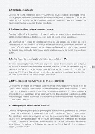 CONSULTA PÚBLICA CONSULTA PÚBLICA CONSULTA PÚBLICA
CONSULTA PÚBLICA CONSULTA PÚBLICA CONSULTA PÚBLICA
CONSULTA PÚBLICA CONSULTA PÚBLICA CONSULTA PÚBLICA
CONSULTA PÚBLICA CONSULTA PÚBLICA CONSULTA PÚBLICA
CONSULTA PÚBLICA CONSULTA PÚBLICA CONSULTA PÚBLICA
CONSULTA PÚBLICA CONSULTA PÚBLICA CONSULTA PÚBLICA
CONSULTA PÚBLICA CONSULTA PÚBLICA CONSULTA PÚBLICA
CONSULTA PÚBLICA CONSULTA PÚBLICA CONSULTA PÚBLICA
CONSULTA PÚBLICA CONSULTA PÚBLICA CONSULTA PÚBLICA
CONSULTA PÚBLICA CONSULTA PÚBLICA CONSULTA PÚBLICA
CONSULTA PÚBLICA CONSULTA PÚBLICA CONSULTA PÚBLICA
CONSULTA PÚBLICA CONSULTA PÚBLICA CONSULTA PÚBLICA
CONSULTA PÚBLICA CONSULTA PÚBLICA CONSULTA PÚBLICA
CONSULTA PÚBLICA CONSULTA PÚBLICA CONSULTA PÚBLICA
CONSULTA PÚBLICA CONSULTA PÚBLICA CONSULTA PÚBLICA
CONSULTA PÚBLICA CONSULTA PÚBLICA CONSULTA PÚBLICA
CONSULTA PÚBLICA CONSULTA PÚBLICA CONSULTA PÚBLICA
CONSULTA PÚBLICA CONSULTA PÚBLICA CONSULTA PÚBLICA
CONSULTA PÚBLICA CONSULTA PÚBLICA CONSULTA PÚBLICA
CONSULTA PÚBLICA CONSULTA PÚBLICA CONSULTA PÚBLICA
CONSULTA PÚBLICA CONSULTA PÚBLICA CONSULTA PÚBLICA
CONSULTA PÚBLICA CONSULTA PÚBLICA CONSULTA PÚBLICA
CONSULTA PÚBLICA CONSULTA PÚBLICA CONSULTA PÚBLICA
CONSULTA PÚBLICA CONSULTA PÚBLICA CONSULTA PÚBLICA
CONSULTA PÚBLICA CONSULTA PÚBLICA CONSULTA PÚBLICA
CONSULTA PÚBLICA CONSULTA PÚBLICA CONSULTA PÚBLICA
CONSULTA PÚBLICA CONSULTA PÚBLICA CONSULTA PÚBLICA
CONSULTA PÚBLICA CONSULTA PÚBLICA CONSULTA PÚBLICA
CONSULTA PÚBLICA CONSULTA PÚBLICA CONSULTA PÚBLICA
CONSULTA PÚBLICA CONSULTA PÚBLICA CONSULTA PÚBLICA
CONSULTA PÚBLICA CONSULTA PÚBLICA CONSULTA PÚBLICA
CONSULTA PÚBLICA CONSULTA PÚBLICA CONSULTA PÚBLICA
CONSULTA PÚBLICA CONSULTA PÚBLICA CONSULTA PÚBLICA
CONSULTA PÚBLICA CONSULTA PÚBLICA CONSULTA PÚBLICA
13
6. Orientação e mobilidade
Consiste no ensino de técnicas e desenvolvimento de atividades para a orientação e mobi-
lidade, proporcionando o conhecimento dos diferentes espaços e ambientes a fim de pro-
mover o ir e vir com segurança e autonomia. Tais atividades devem considerar as condições
físicas, intelectuais e sensoriais de cada estudante.
7. Ensino do uso de recursos de tecnologia assistiva
Consiste na identificação das funcionalidades dos diversos recursos de tecnologia assistiva,
aplicáveis às atividades pedagógicas, assim como ao ensino de sua usabilidade.
São exemplos de recursos de tecnologia assistiva de uso pedagógico: leitores de tela e
sintetizadores de voz, ponteiras de cabeça, teclados alternativos, acionadores, softwares de
comunicação alternativa, scanner com voz, sistema de frequência modulada, lupas manuais
ou digitais, plano inclinado, cadernos de pauta ampliada, caneta de escrita grossa, dentre
outros.
8. Ensino do uso da comunicação alternativa e aumentativa – CAA
Consiste na realização de atividades que ampliem os canais de comunicação com o objetivo
de atender às necessidades comunicativas de fala, leitura ou escrita dos estudantes. Alguns
exemplos de CAA são cartões de comunicação, pranchas de comunicação com símbolos,
pranchas alfabéticas e de palavras, vocalizadores ou o próprio computador, quando utiliza-
do como ferramenta de voz e comunicação alternativa.
9. Estratégias para o desenvolvimento de processos cognitivos
Consistem na promoção de atividades que ampliem as estruturas cognitivas facilitadoras da
aprendizagem nos mais diversos campos do conhecimento para desenvolvimento da auto-
nomia e independência do estudante frente às diferentes situações no contexto escolar. A
ampliação dessas estratégias para o desenvolvimento dos processos cognitivos possibilita
maior interação entre os estudantes, o que promove a construção coletiva de novos saberes
na sala de aula comum.
10. Estratégias para enriquecimento curricular
Consiste na organização de práticas pedagógicas exploratórias suplementares ao currículo
comum, que objetivam o aprofundamento e expansão nas diversas áreas do conhecimento.
Tais estratégias podem ser efetivadas por meio do desenvolvimento de habilidades, da ar-
ticulação dos serviços realizados na escola, na comunidade, nas instituições de educação
superior, da prática da pesquisa e desenvolvimento de produtos; da proposição e do de-
senvolvimento de projetos no âmbito da escola, com temáticas diversificadas, como artes,
esporte, ciências e outras.
 